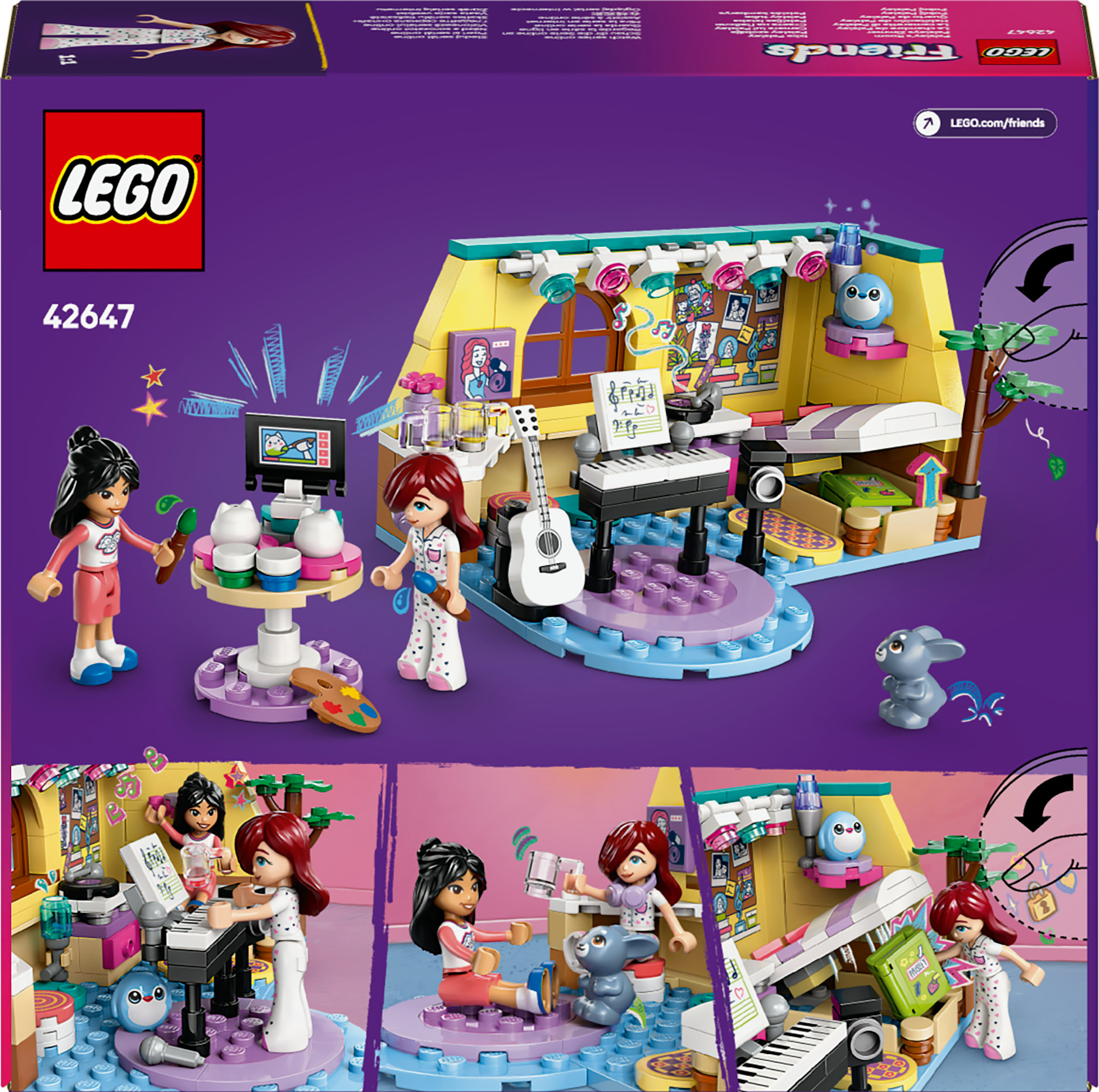 Zestaw LEGO Friends z figurkami i salą muzyczną. Zawiera klawiaturę, gitarę i małą figurkę zwierzęcia.