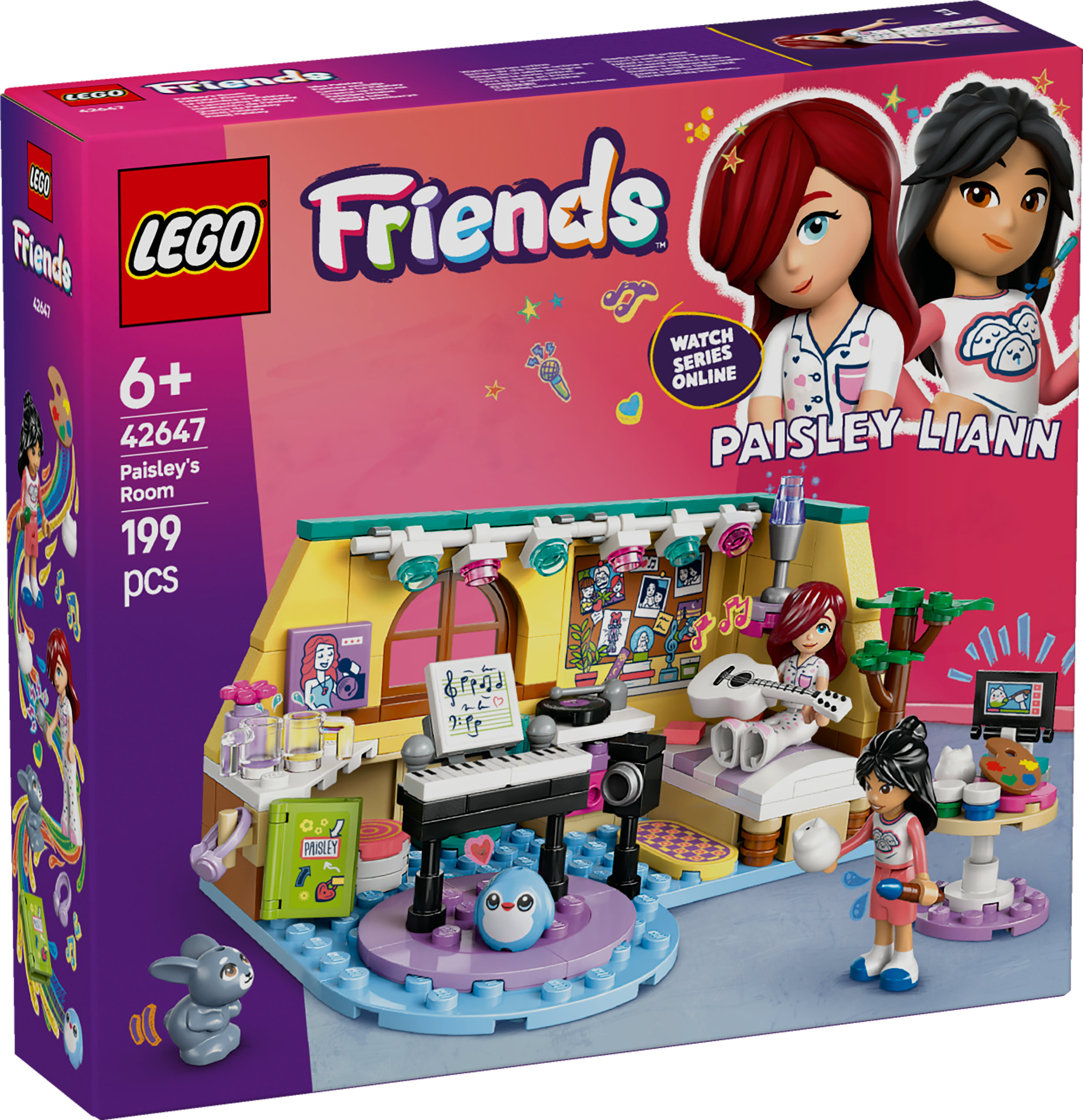 Zestaw Lego Friends. Pokój Paisley z figurkami Lego, pianinem i gitarą. Na pudełku są 2 dziewczyny i napis 'Watch Series Online'.