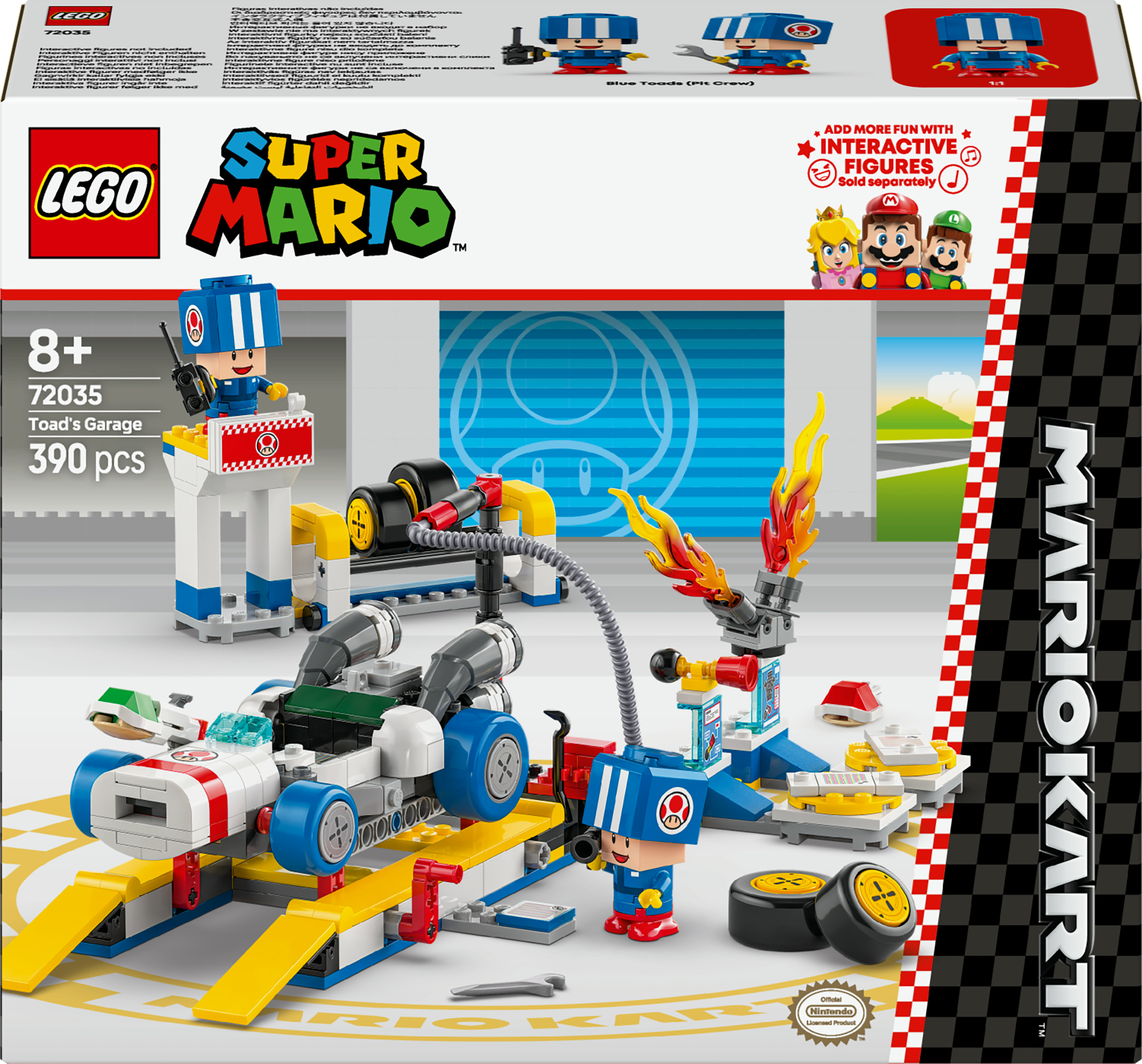 Set LEGO Super Mario. Contiene un garaje con un coche, figuras de Toad y la marca Mario Kart.