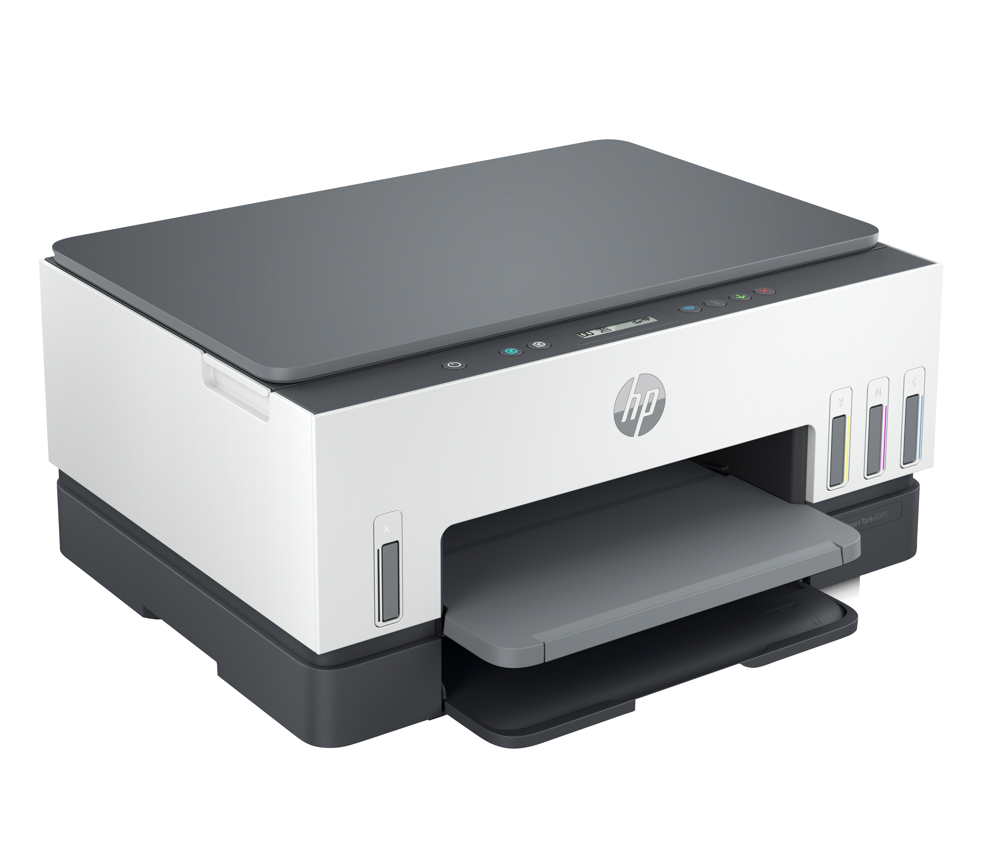 Ein HP Smart Tank 6005 Drucker. Er ist weiß und grau. Das Papierfach ist ausgezogen.