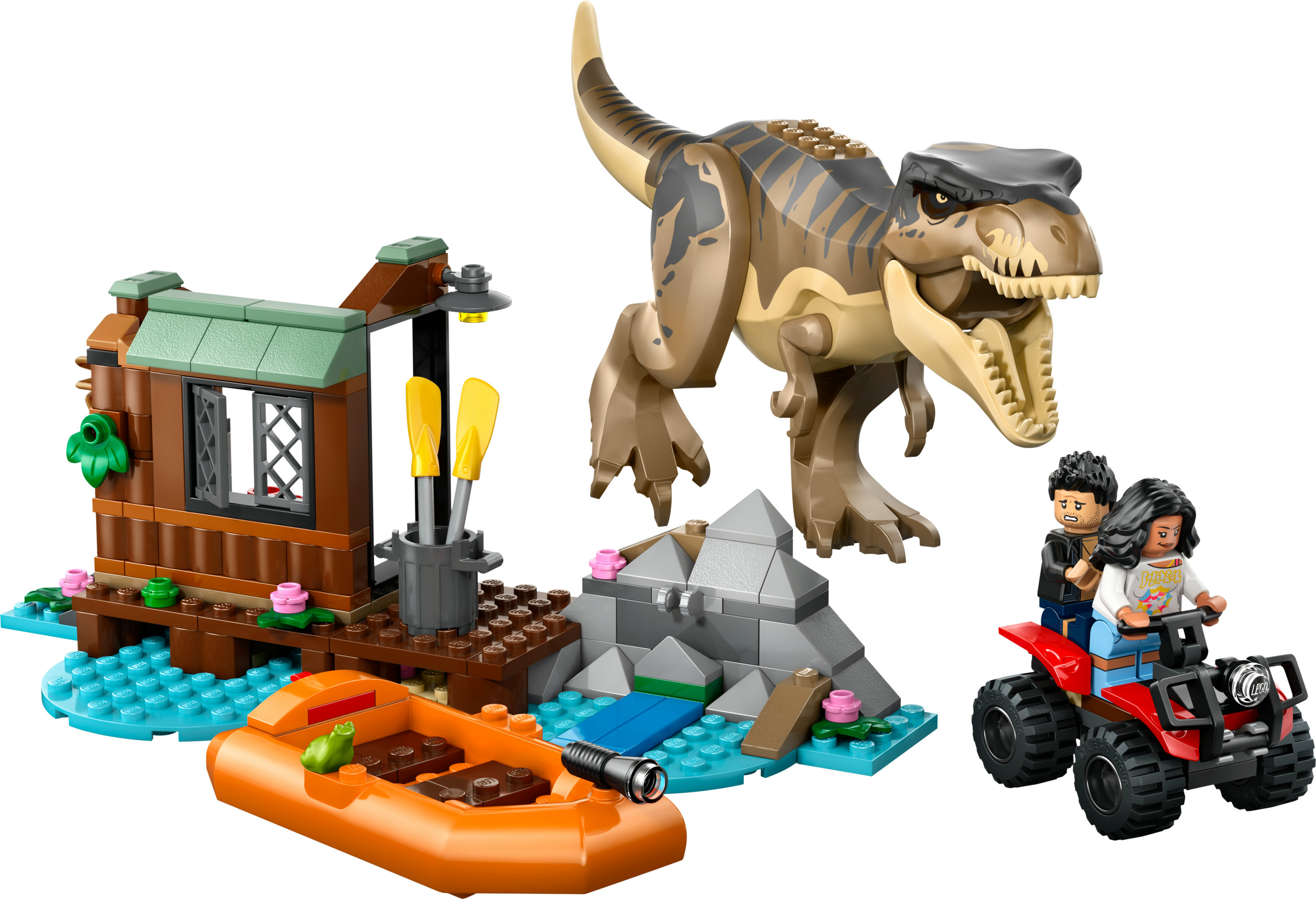 Set de Lego con un T-rex, figuras, un bote, una cabaña y un ATV. Presenta colores marrón, verde, naranja, gris y azul.