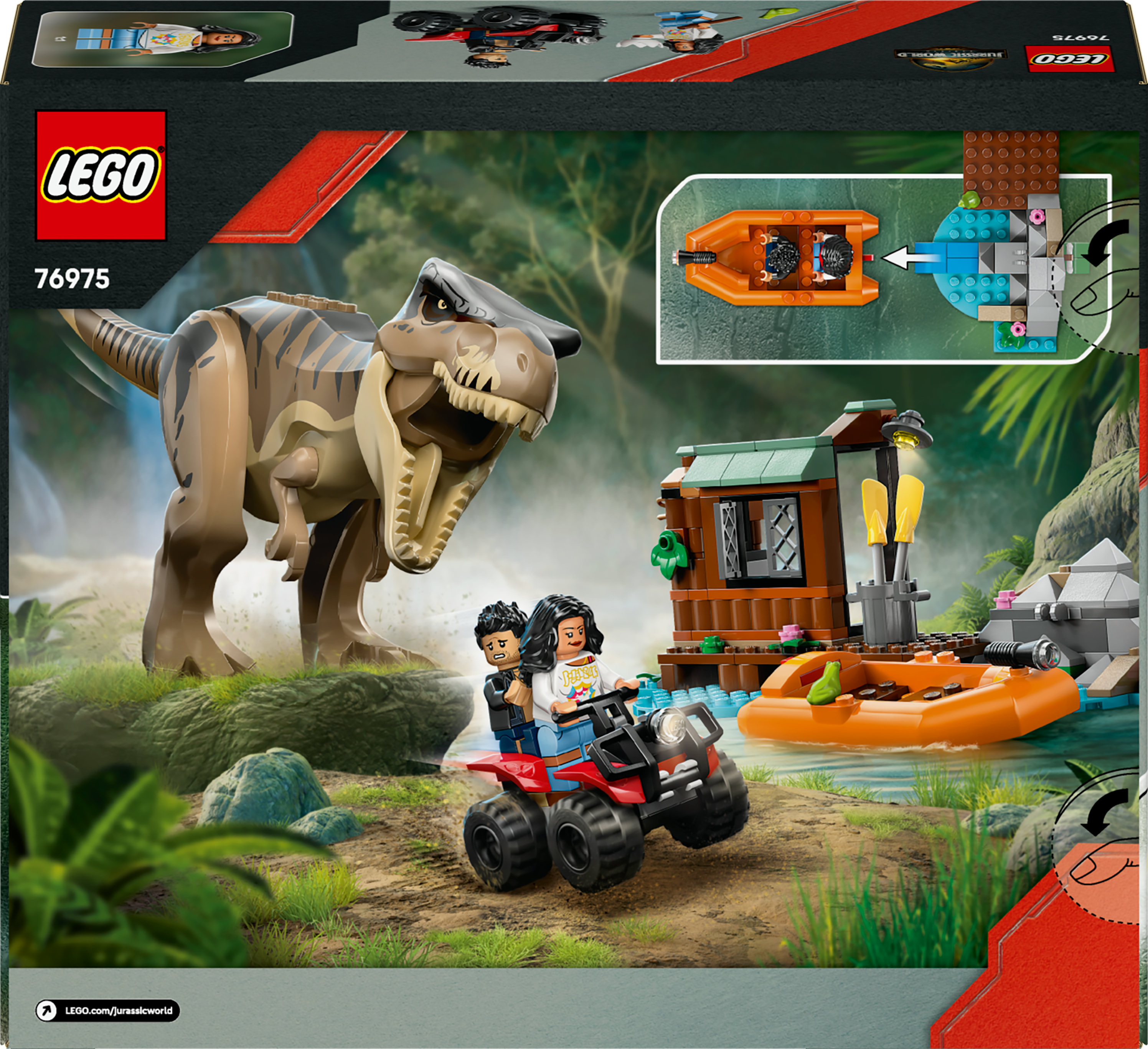 Set de Lego con T-Rex, personas en quad, barco y edificio. Dominan los tonos verdes y marrones.