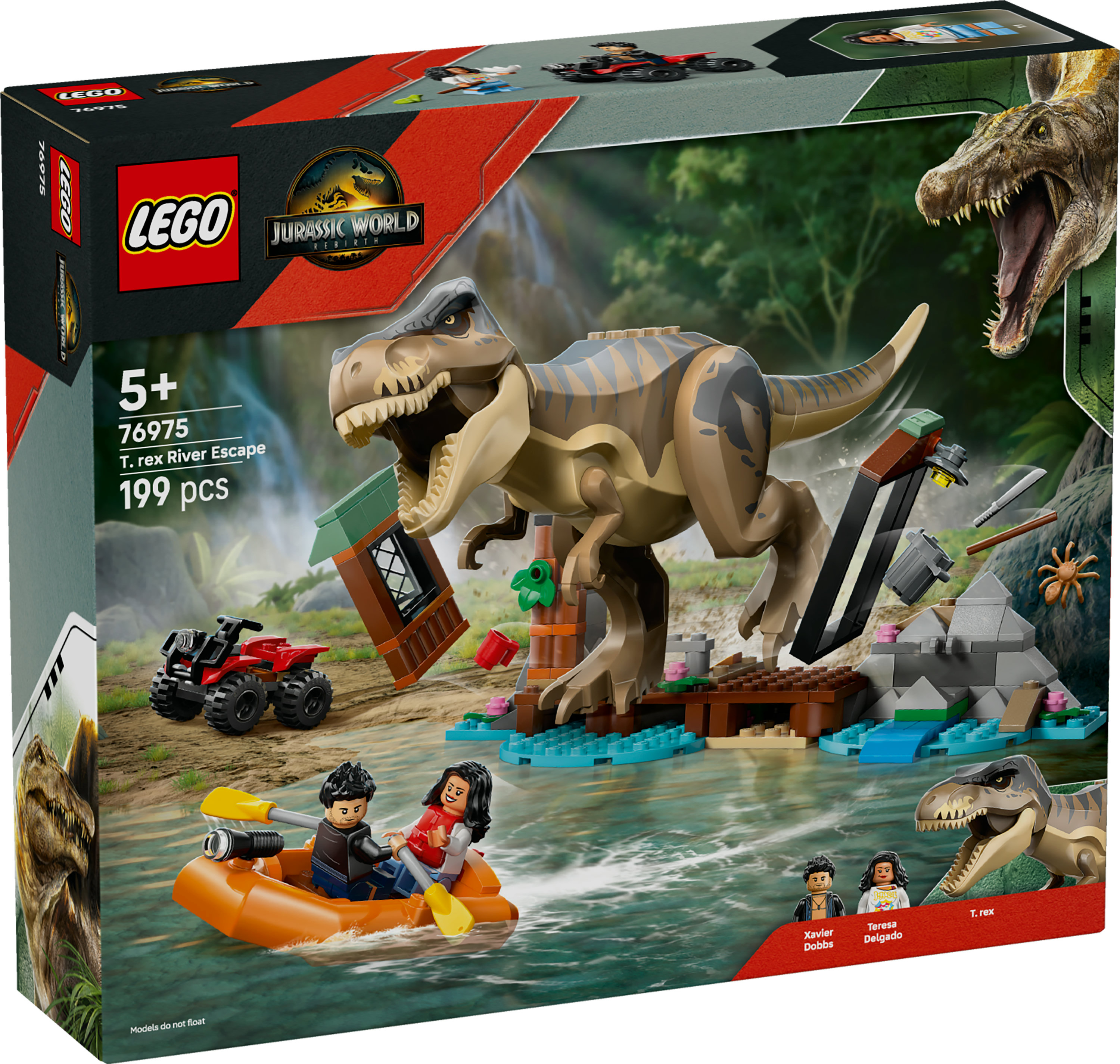 Una caja de LEGO muestra un T-rex atacando una estructura. Hay gente en un bote. Hay un ATV.