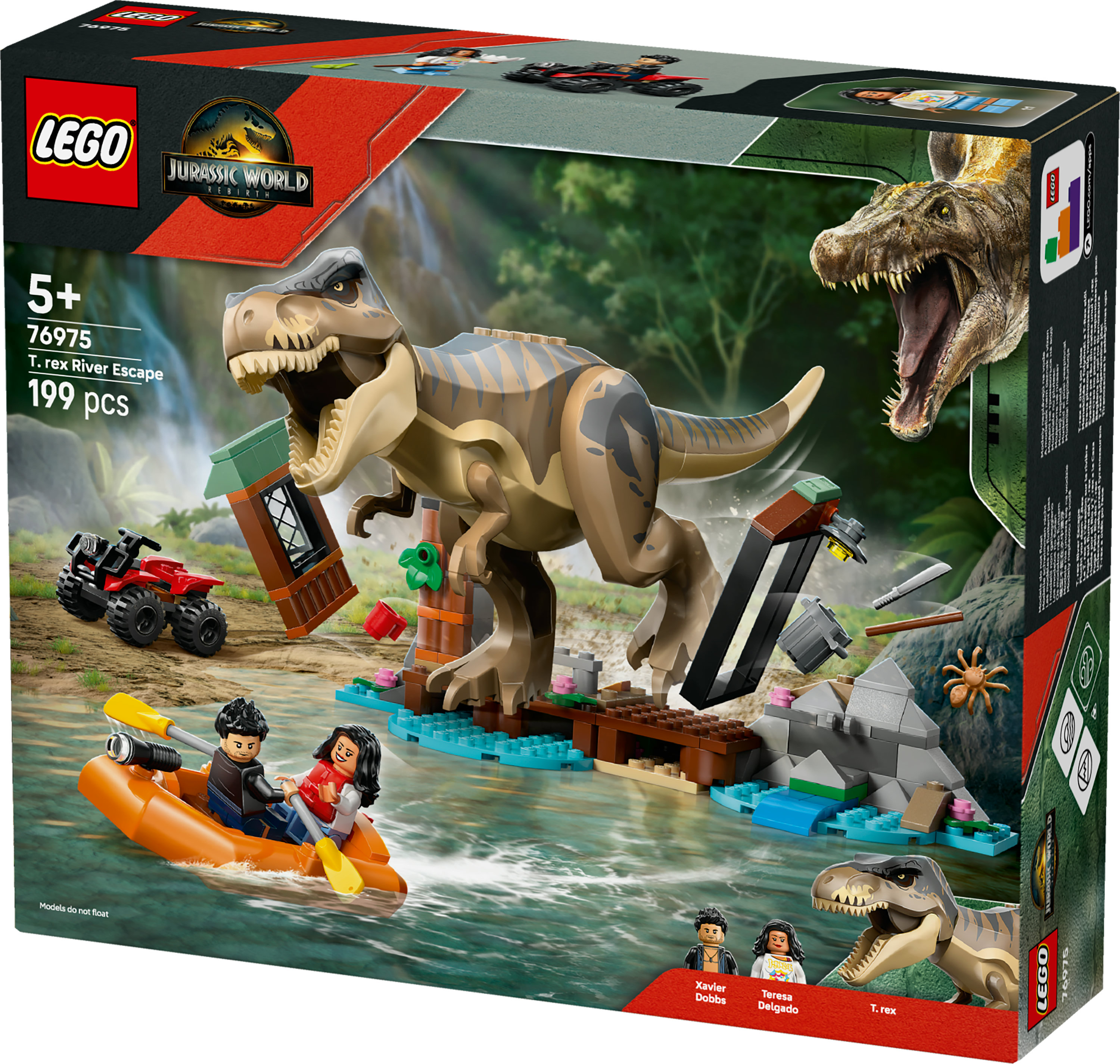 Pudełko Lego z T-rexem, ludźmi w łodzi i czerwonym ATV. Scena rozgrywa się w rzece z motywem Jurassic World.