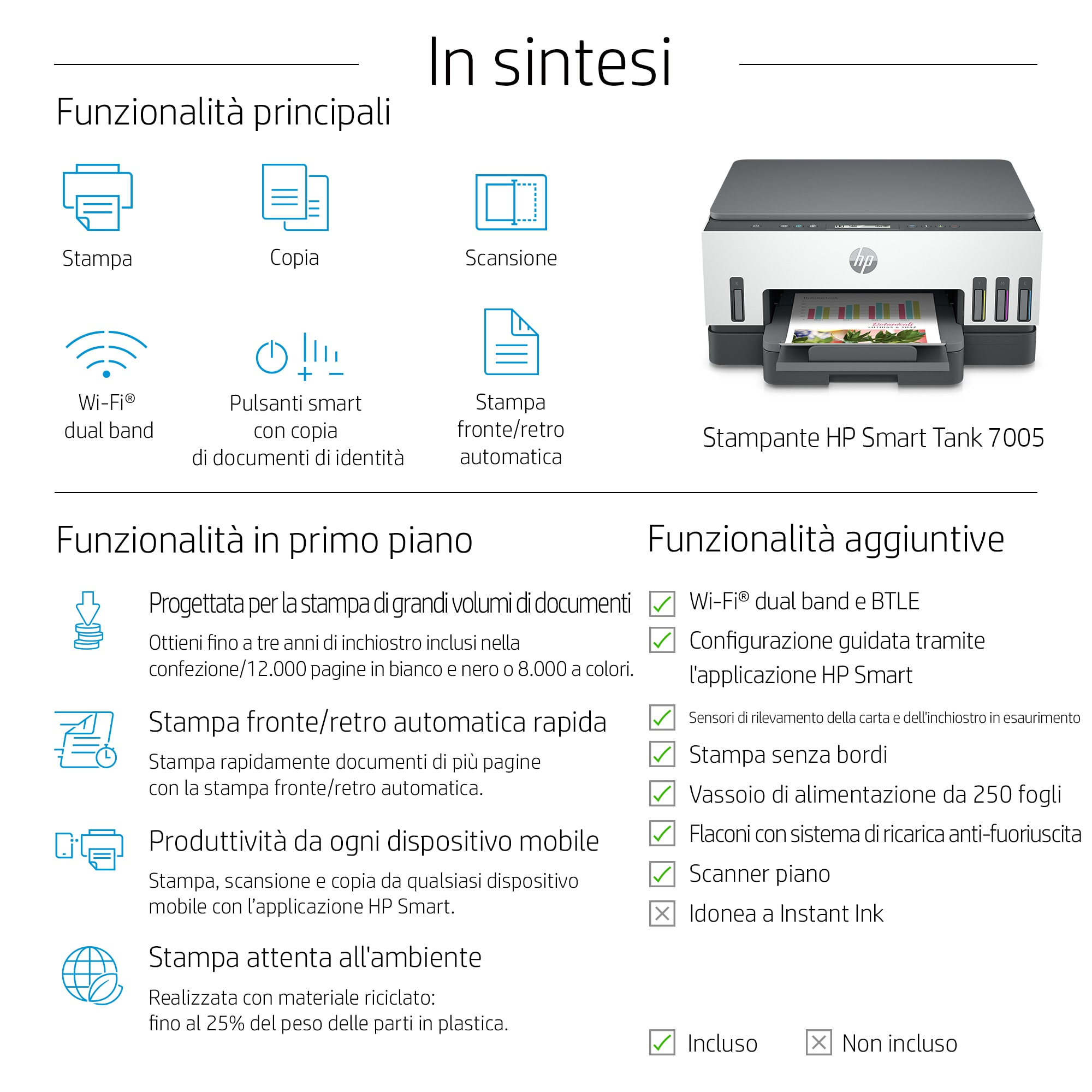 Viene visualizzata una stampante HP Smart Tank 7005. Dispone di funzioni di stampa, copia e scansione. Include Wi-Fi e un vassoio carta.