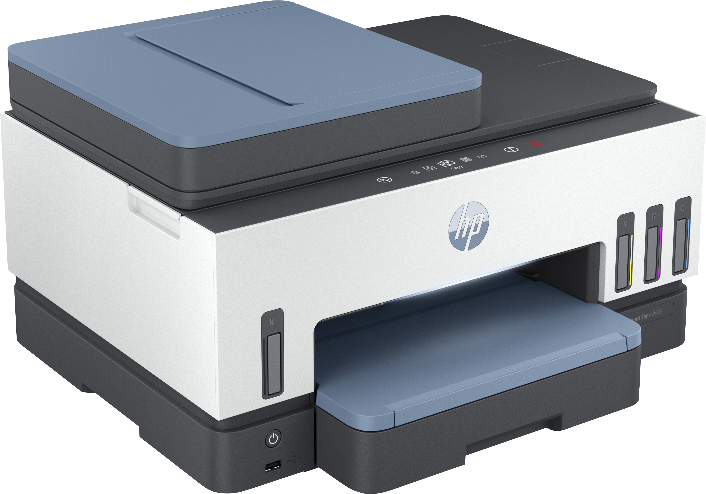 Una impresora HP Smart Tank 7606. Tiene un cuerpo blanco y una base gris oscuro, con detalles azules y negros.