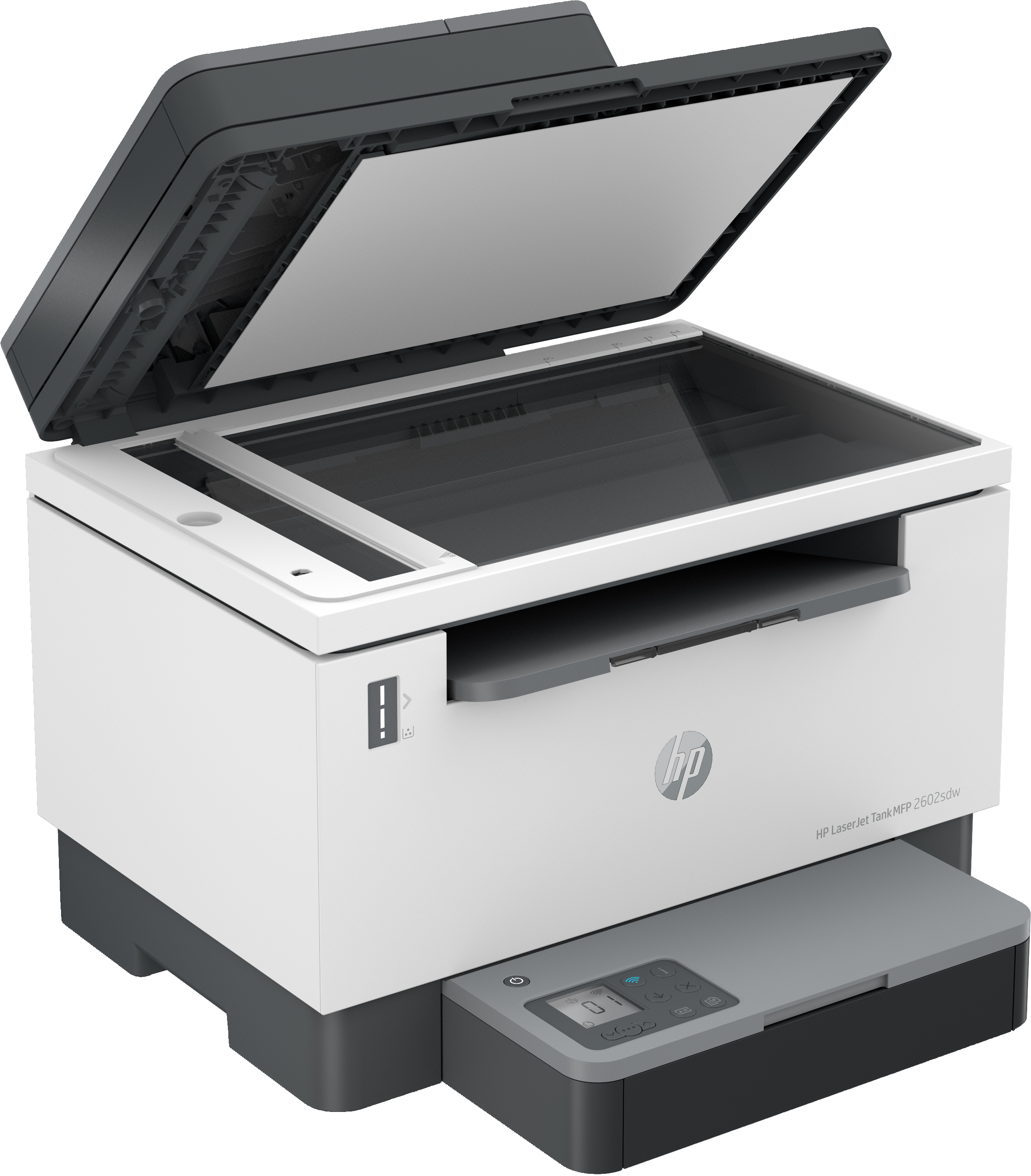 Ein HP Laserjet-Drucker mit geöffnetem oberem Deckel. Es ist weiß und grau.