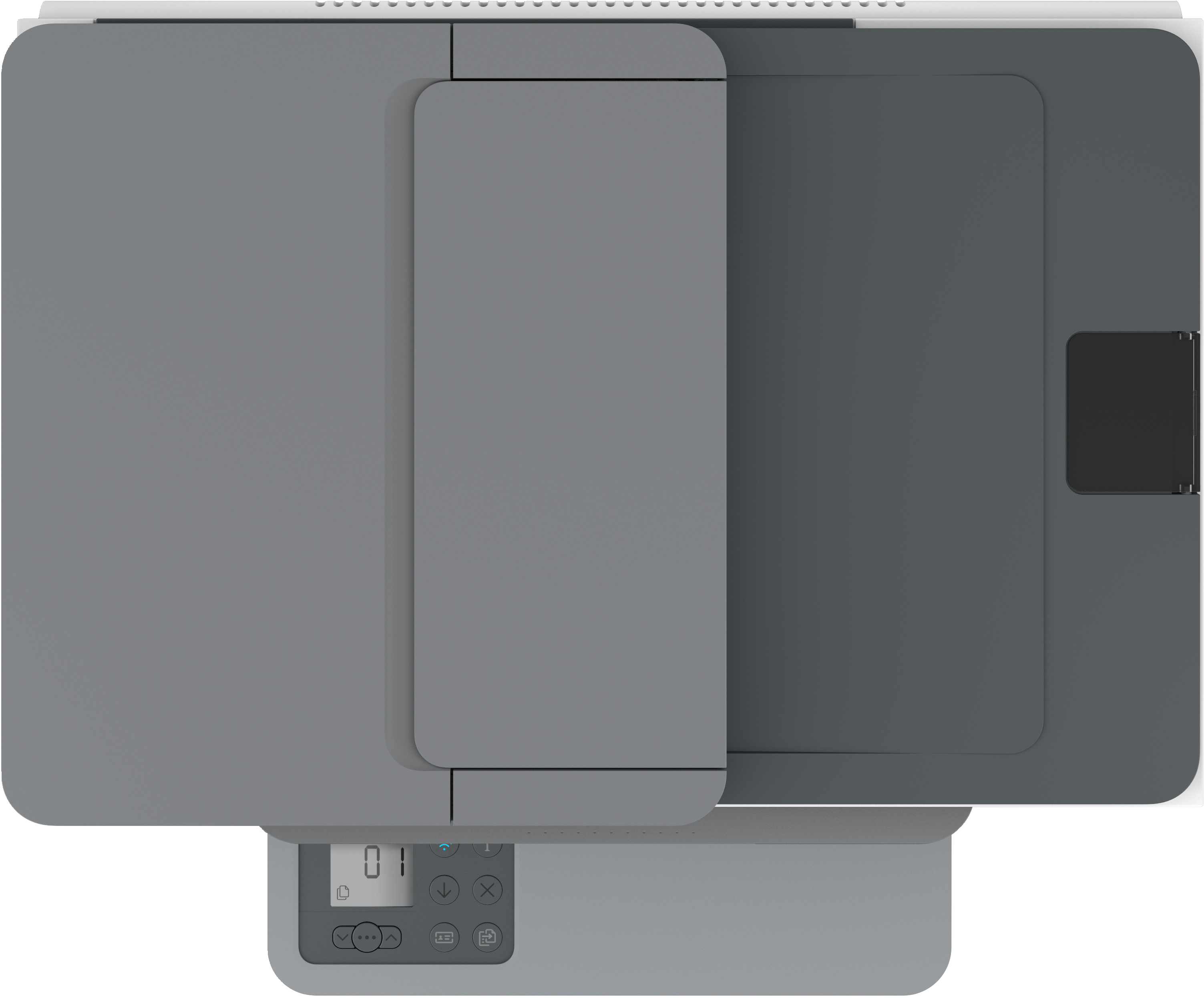 Draufsicht auf einen grauen Drucker. Er hat einen Flachbettscanner und ein Bedienfeld mit Digitalanzeige.