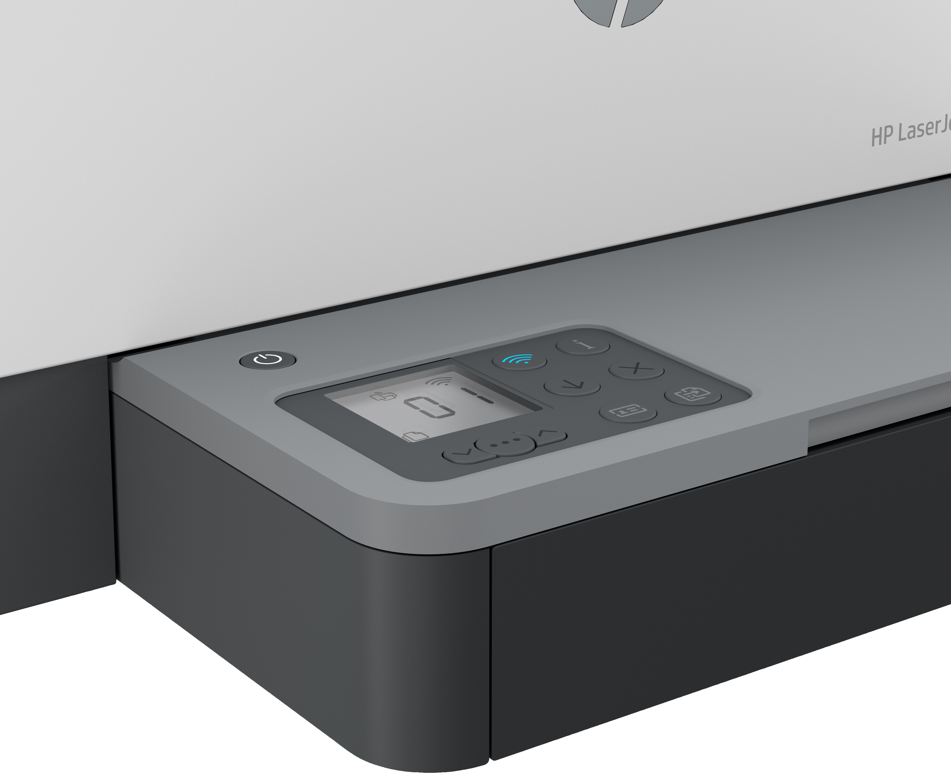 Nahaufnahme des Bedienfelds eines Druckers. Es hat einen Bildschirm, Tasten und das HP-Logo. Der Drucker ist grau und schwarz.
