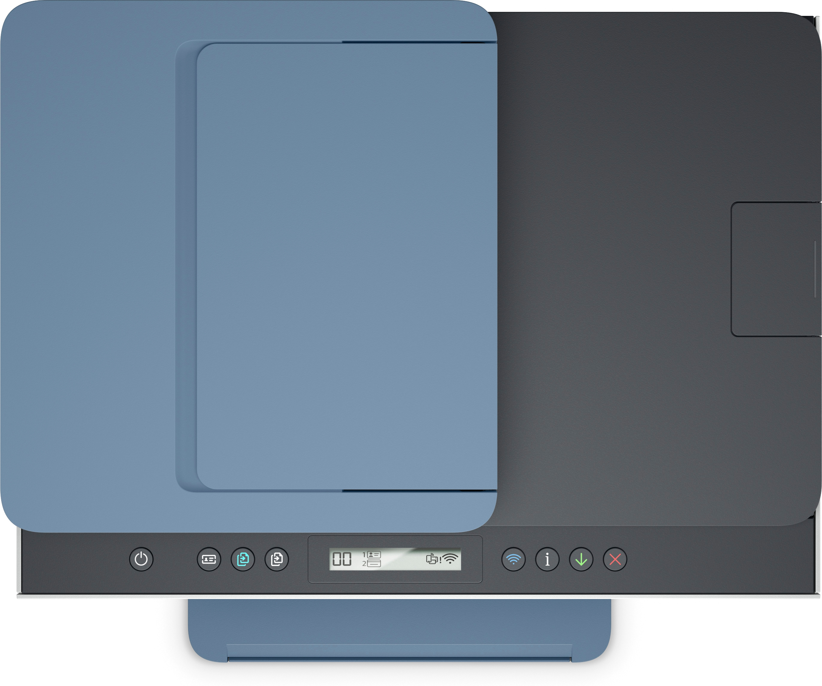 Vista superior de una impresora. Es azul y gris con una pantalla y varios botones.