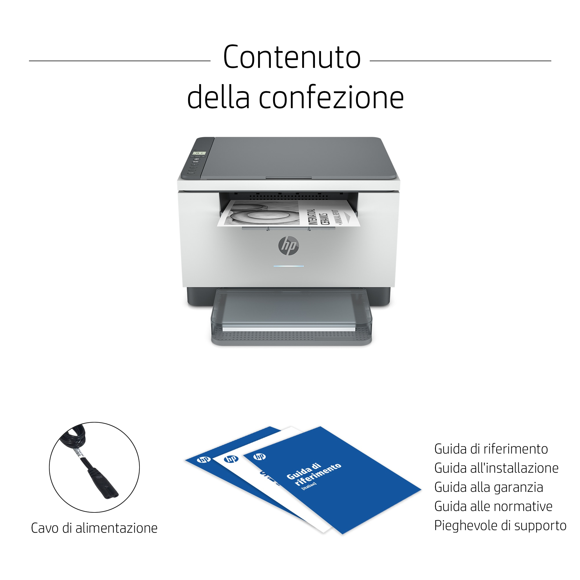 Una stampante HP, un cavo di alimentazione e delle guide sono visualizzati. La stampante è bianca e grigia. Le guide sono blu e bianche.