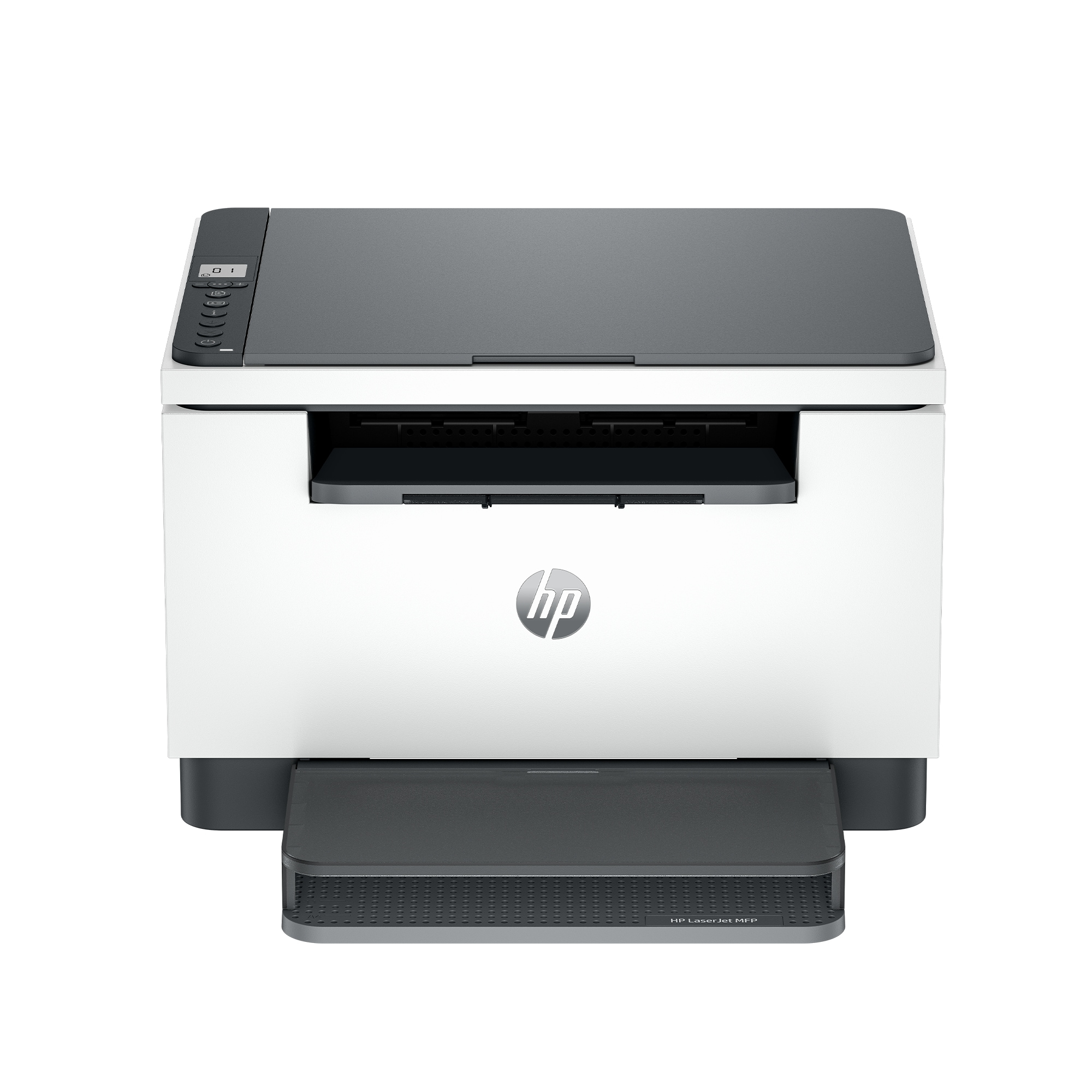 Una impresora HP LaserJet blanca y gris. Tiene una bandeja de papel, un panel de control y el logotipo de HP. Está sobre un fondo blanco.
