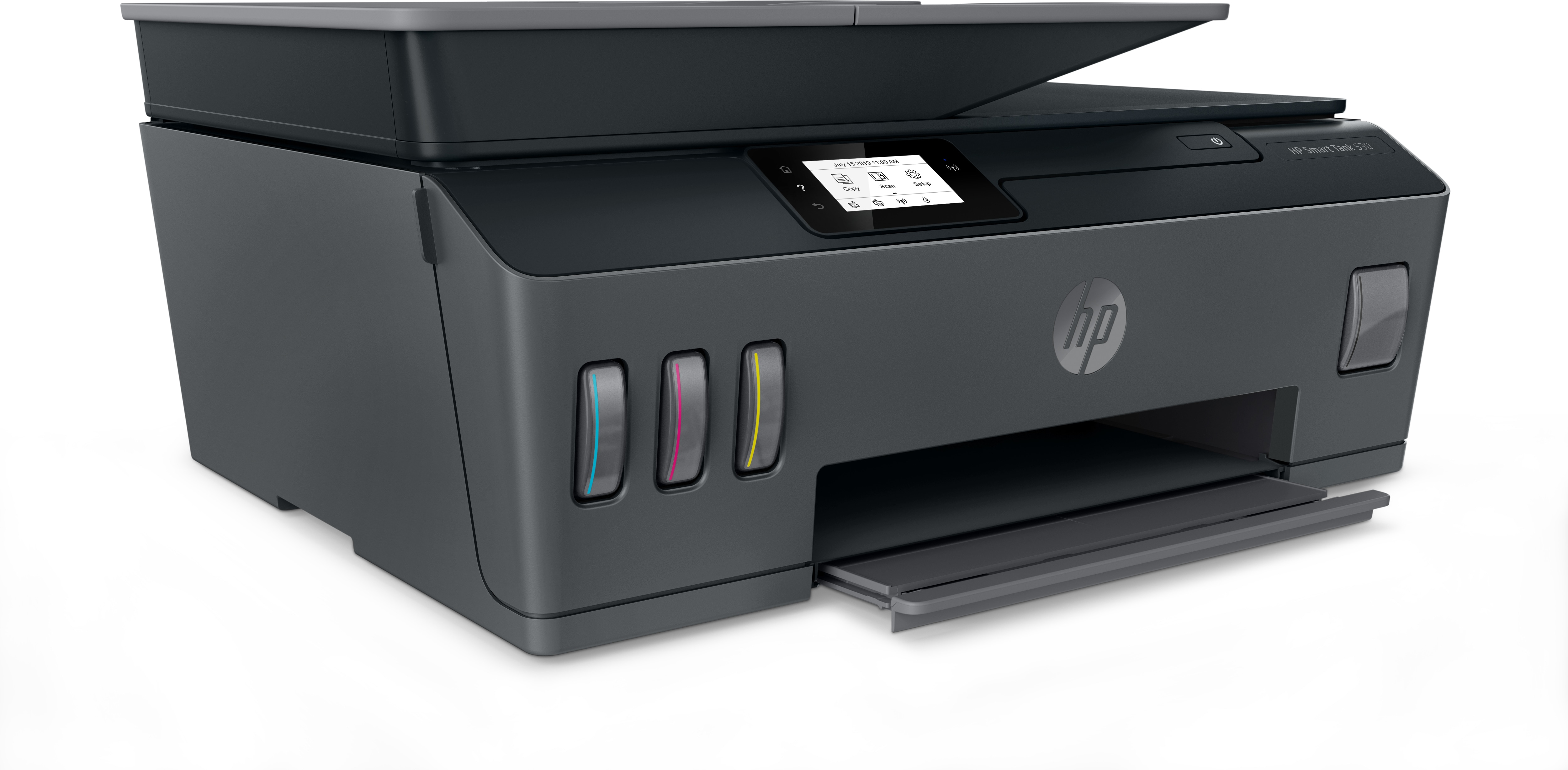 Gri renkli bir HP Smart Tank 530 yazıcı. Ekranı, açık kağıt tepsisi ve camları ile siyan, macenta ve sarı göstergeleri var.