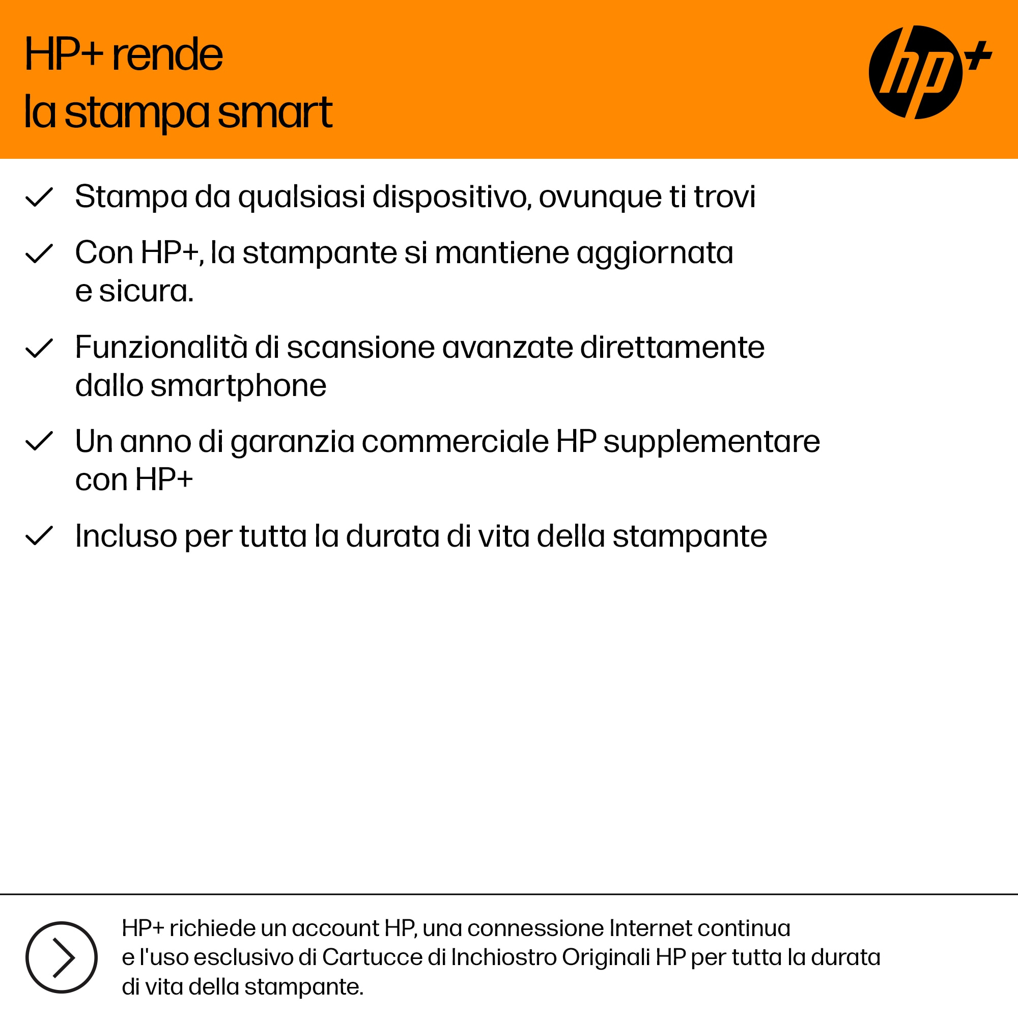 Pomarańczowe tło z białym tekstem o funkcjach drukarki HP+. Logo HP+ w prawym górnym rogu.