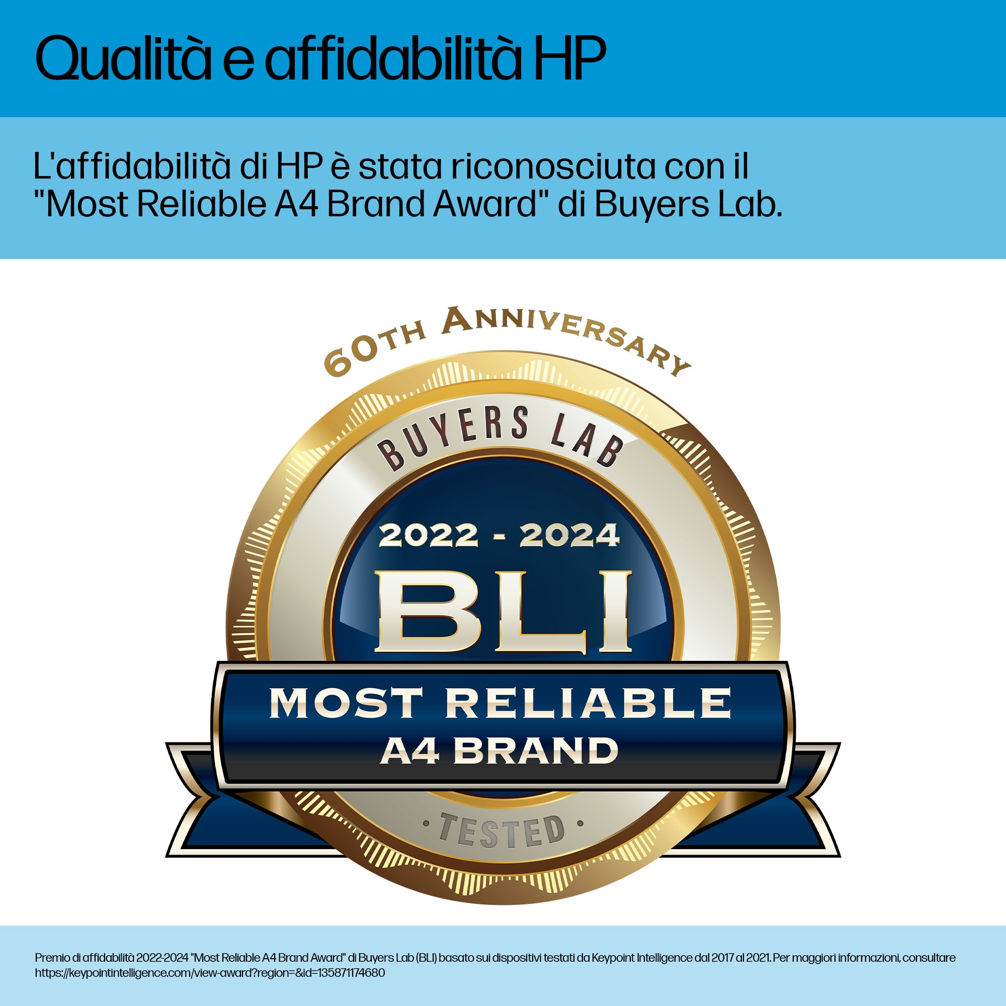 Logo nagrody dla HP, z złotym i niebieskim designem z tekstem wskazującym 'Most Reliable A4 Brand Award' i 'Buyers Lab'.