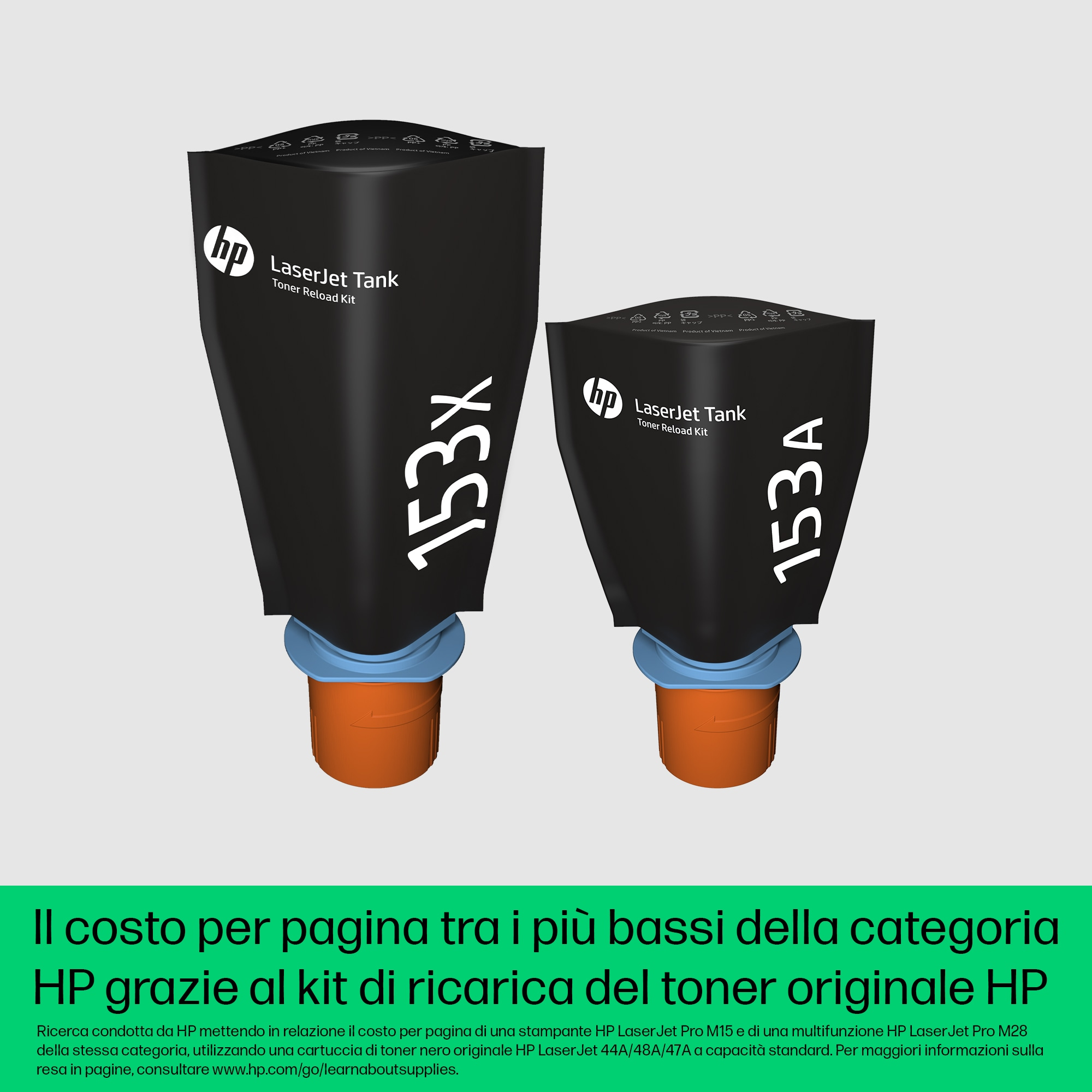 Dos kits de recarga de tóner HP LaserJet Tank negros, 153X y 153A, con bases naranjas y tapas azules, sobre un fondo blanco.