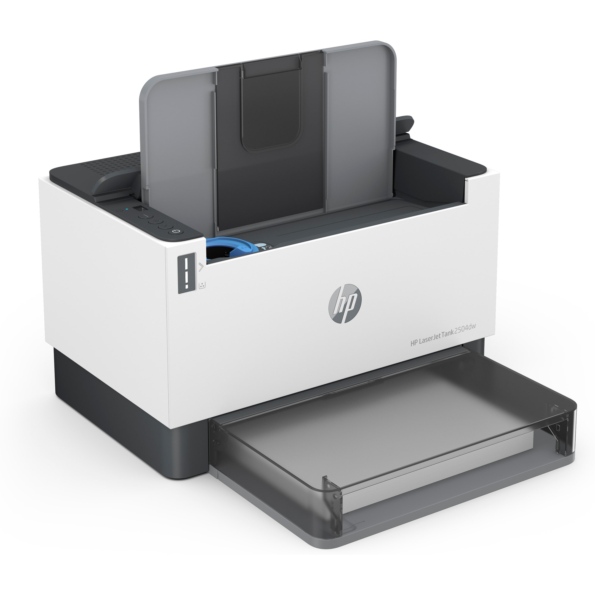 Una impresora HP LaserJet Tank 2504dw. Blanca y gris, bandeja de papel extendida. Tapa superior abierta.