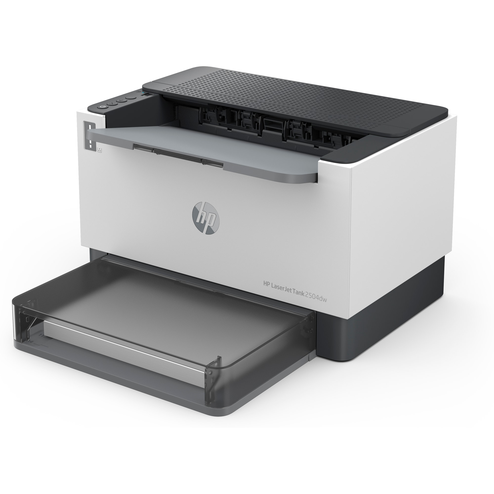 Una impresora HP LaserJet Tank 2504dw sobre un fondo blanco. Es blanca y gris con la parte superior negra y la bandeja de papel abierta.