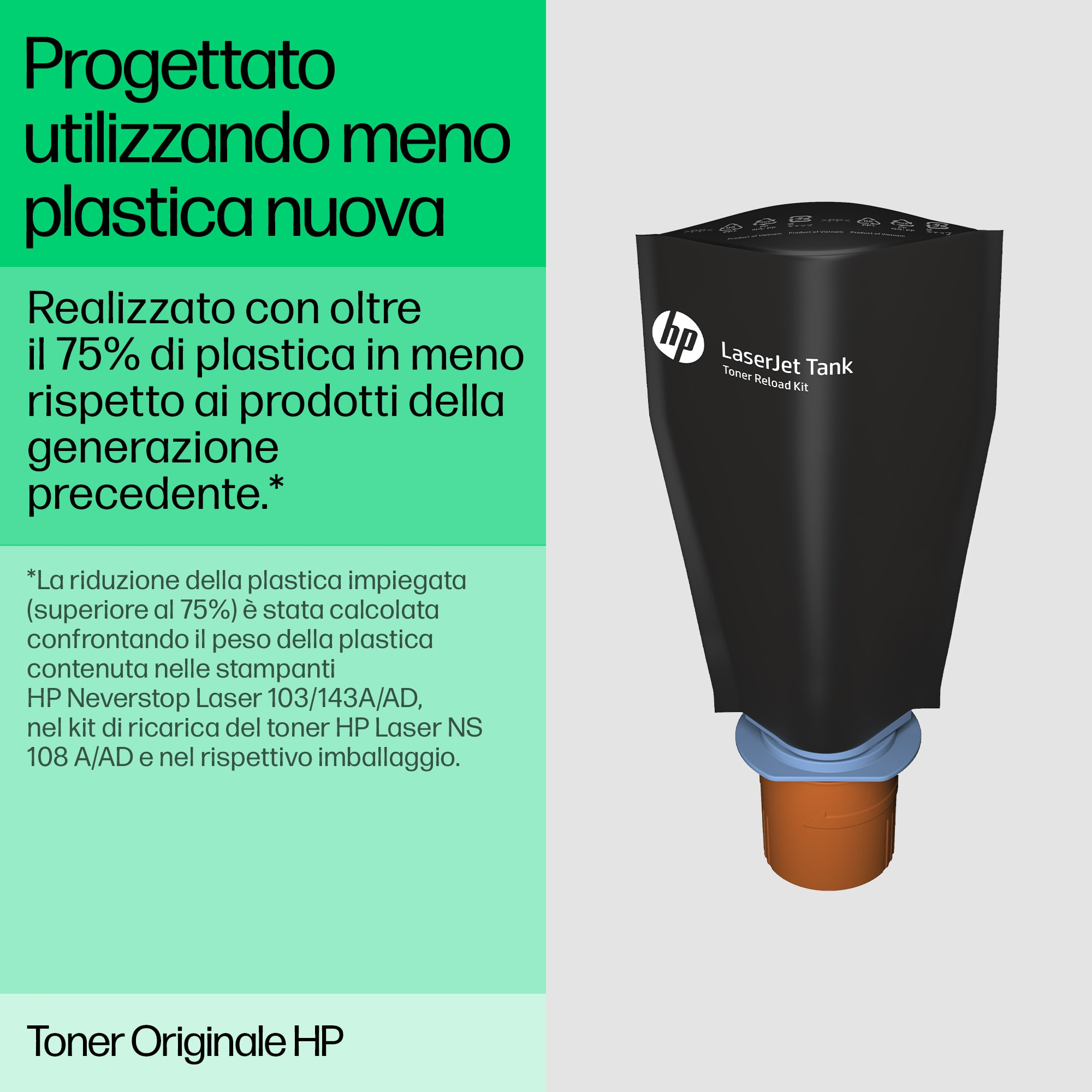 Un kit de recarga de tóner HP LaserJet Tank. Es negro. El texto de la izquierda dice 'usando menos plástico nuevo'.