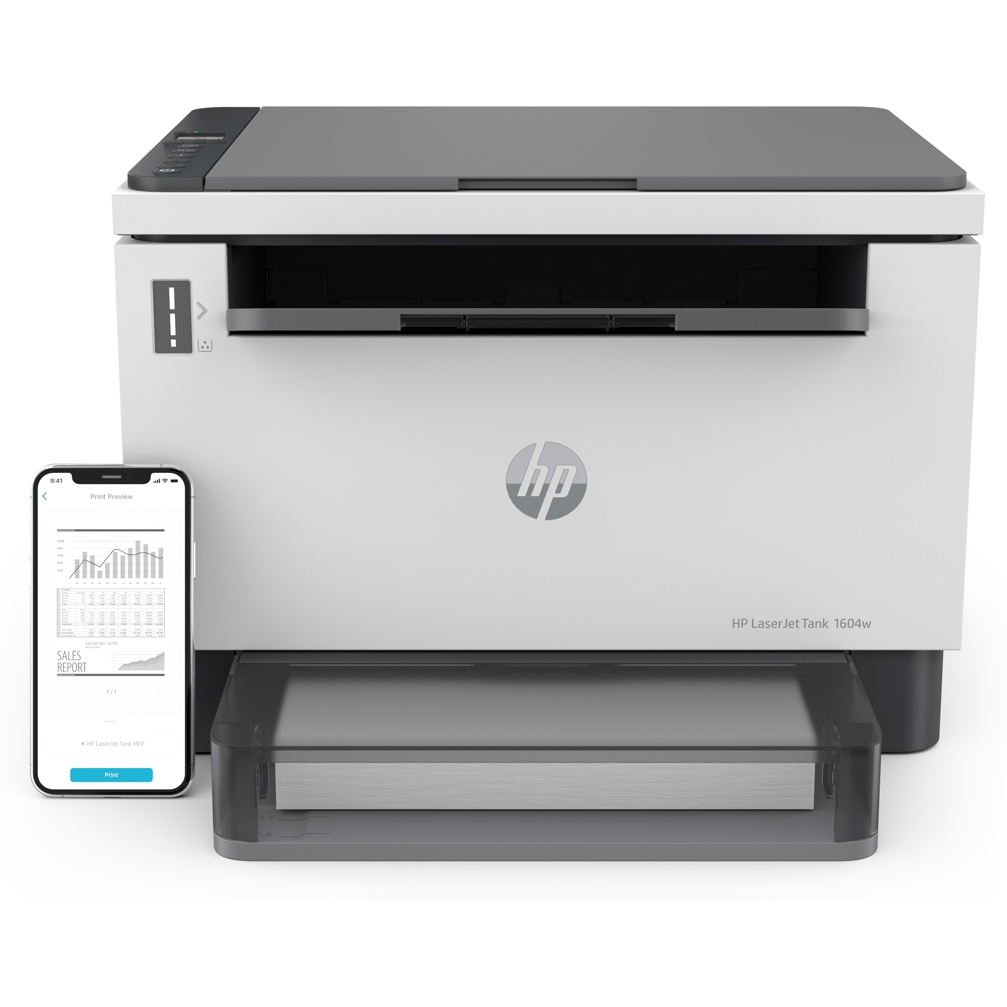 Impresora HP LaserJet con un teléfono mostrando un informe de ventas. La impresora tiene bandeja de papel. Blanco y gris.