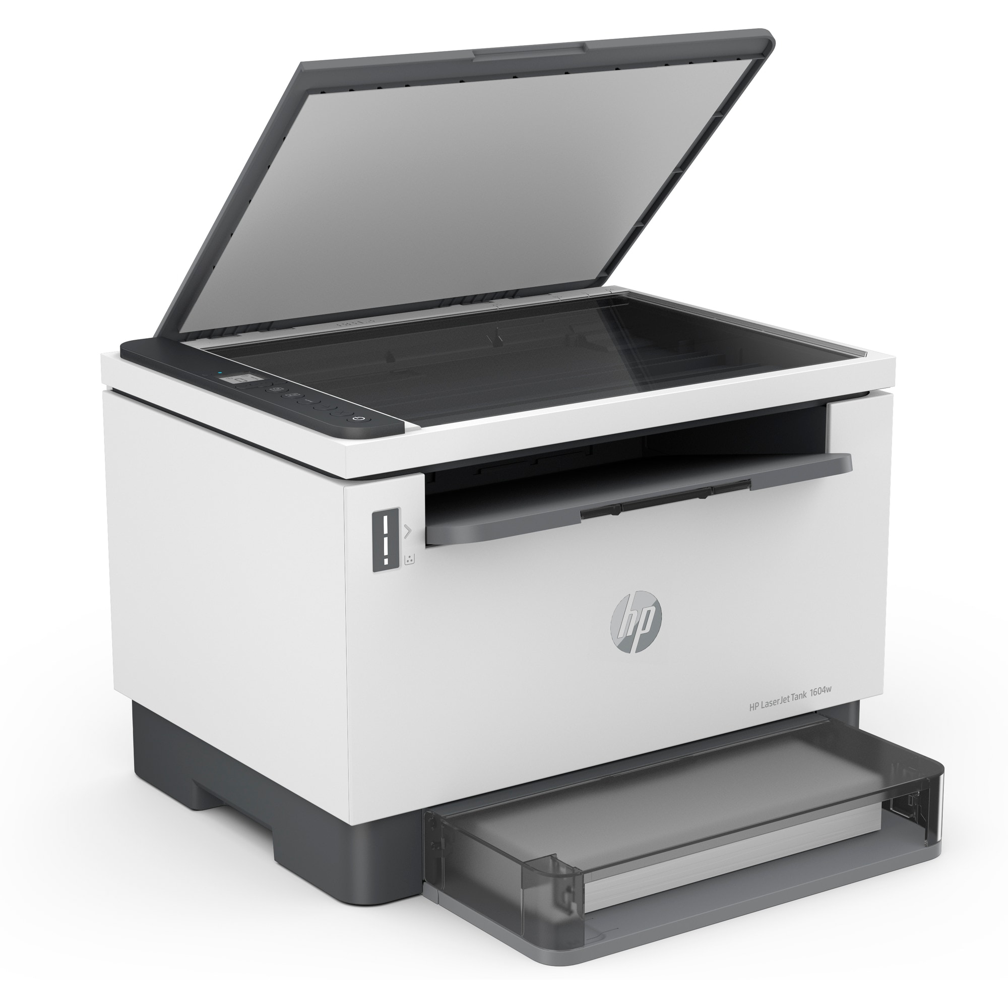 Impresora HP Laser Jet Tank 1604w blanca. Tapa del escáner abierta. Bandeja de papel extendida. Logotipo de HP visible. Acentos grises y negros.