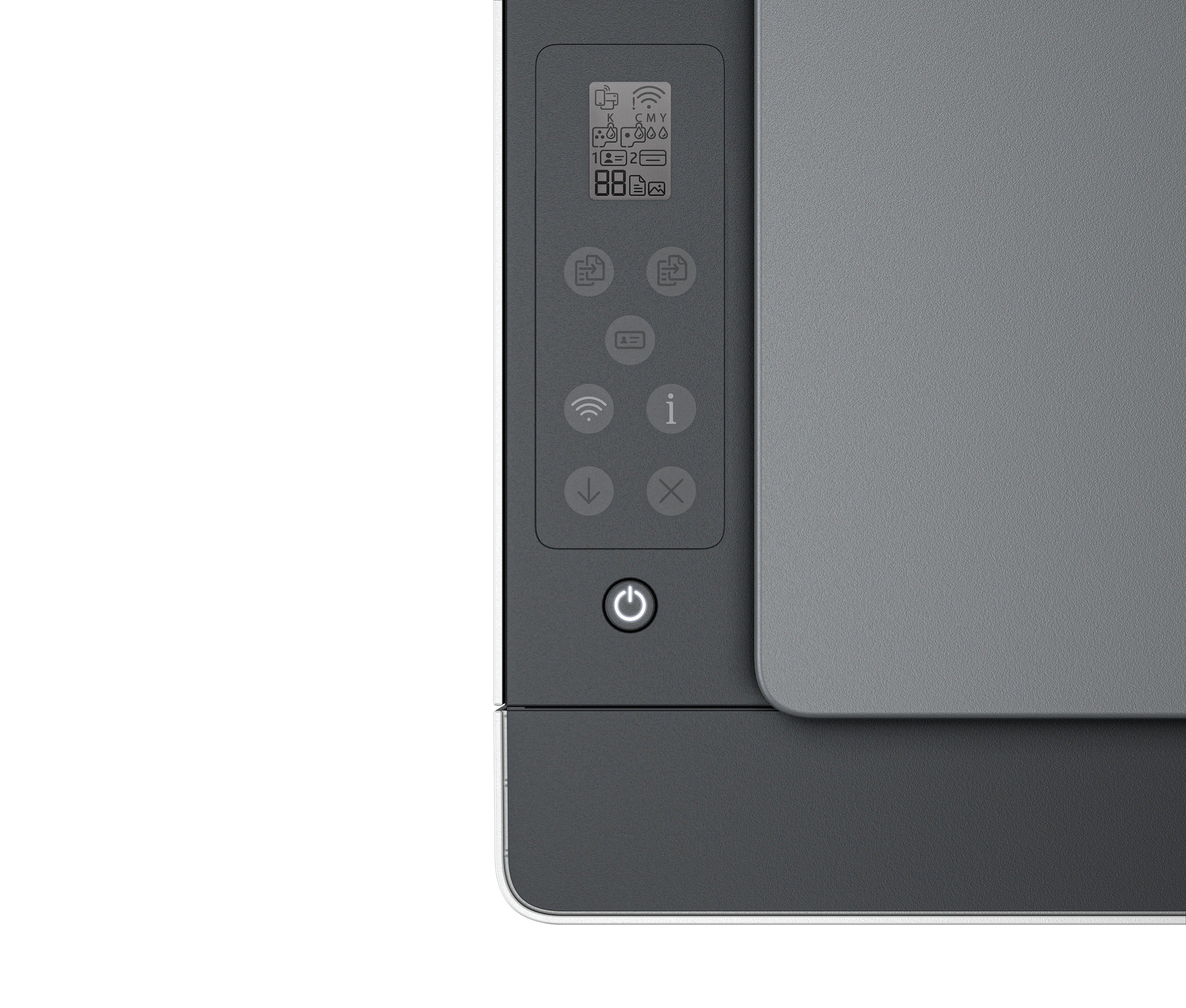 Panel de control de la impresora con pantalla que muestra iconos y botón de encendido. El cuerpo principal es gris oscuro, la parte superior gris claro.