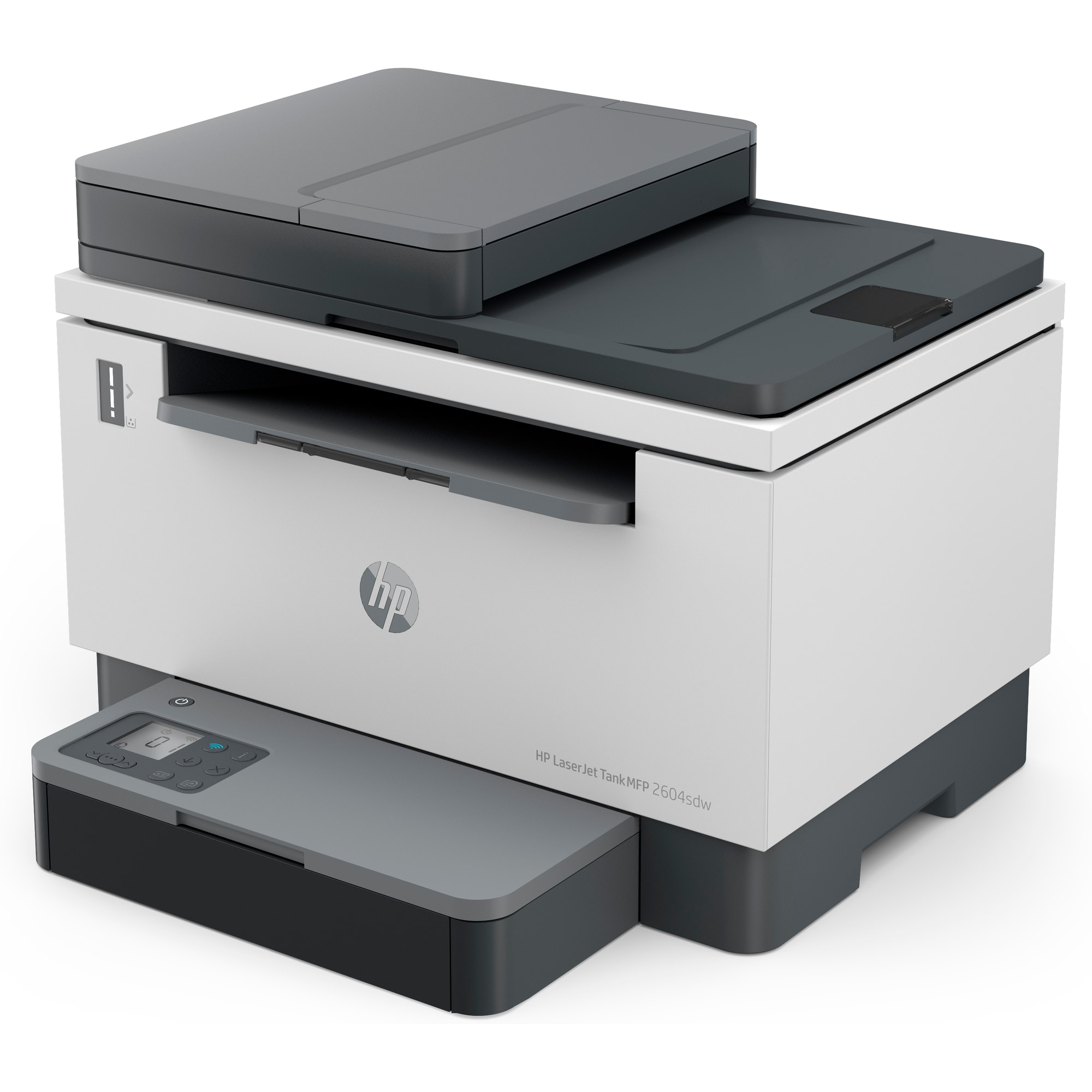 Una impresora HP Laser Jet Tank MFP 2604sdw. Es blanca y gris. La impresora tiene un escáner y un panel de control.