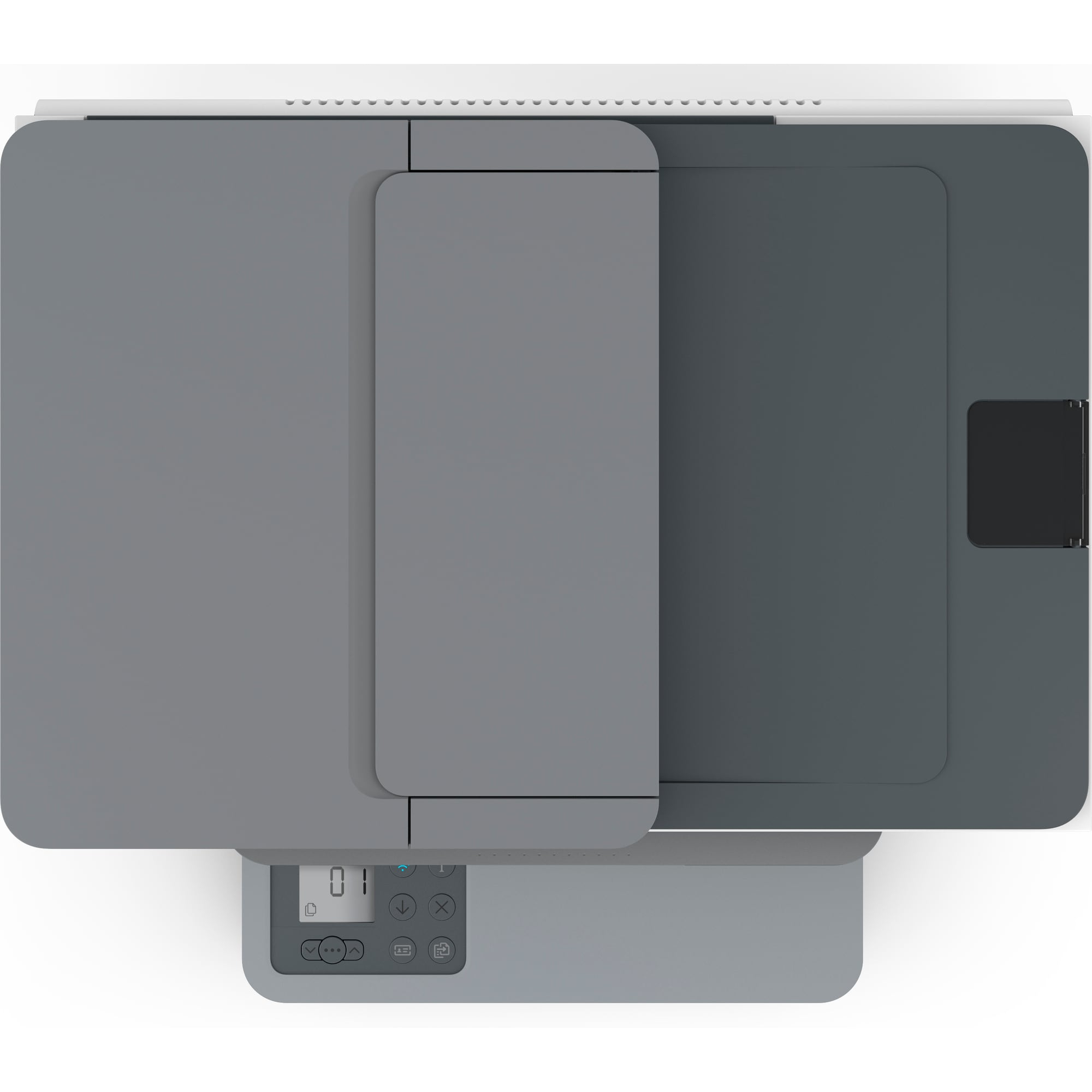 Vista superior de una impresora gris. Tiene una pantalla y botones. Se ven dos cubiertas.