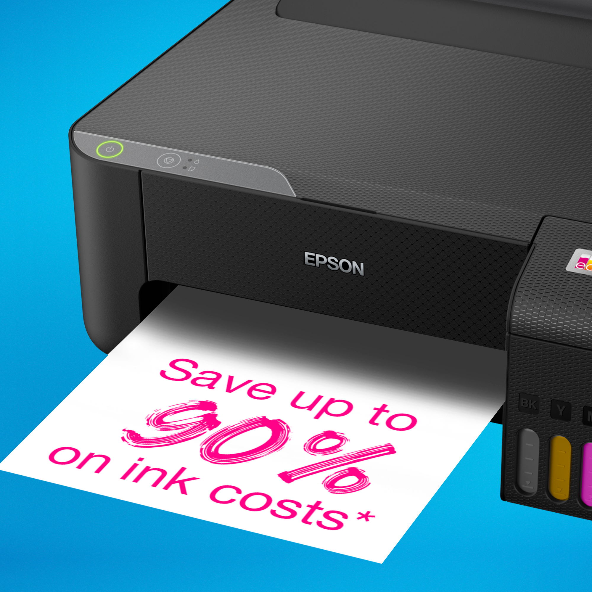 Imprimante Epson noire imprimant un papier blanc avec texte rose disant Économisez jusqu'à 90% sur les coûts d'encre, sur fond bleu.