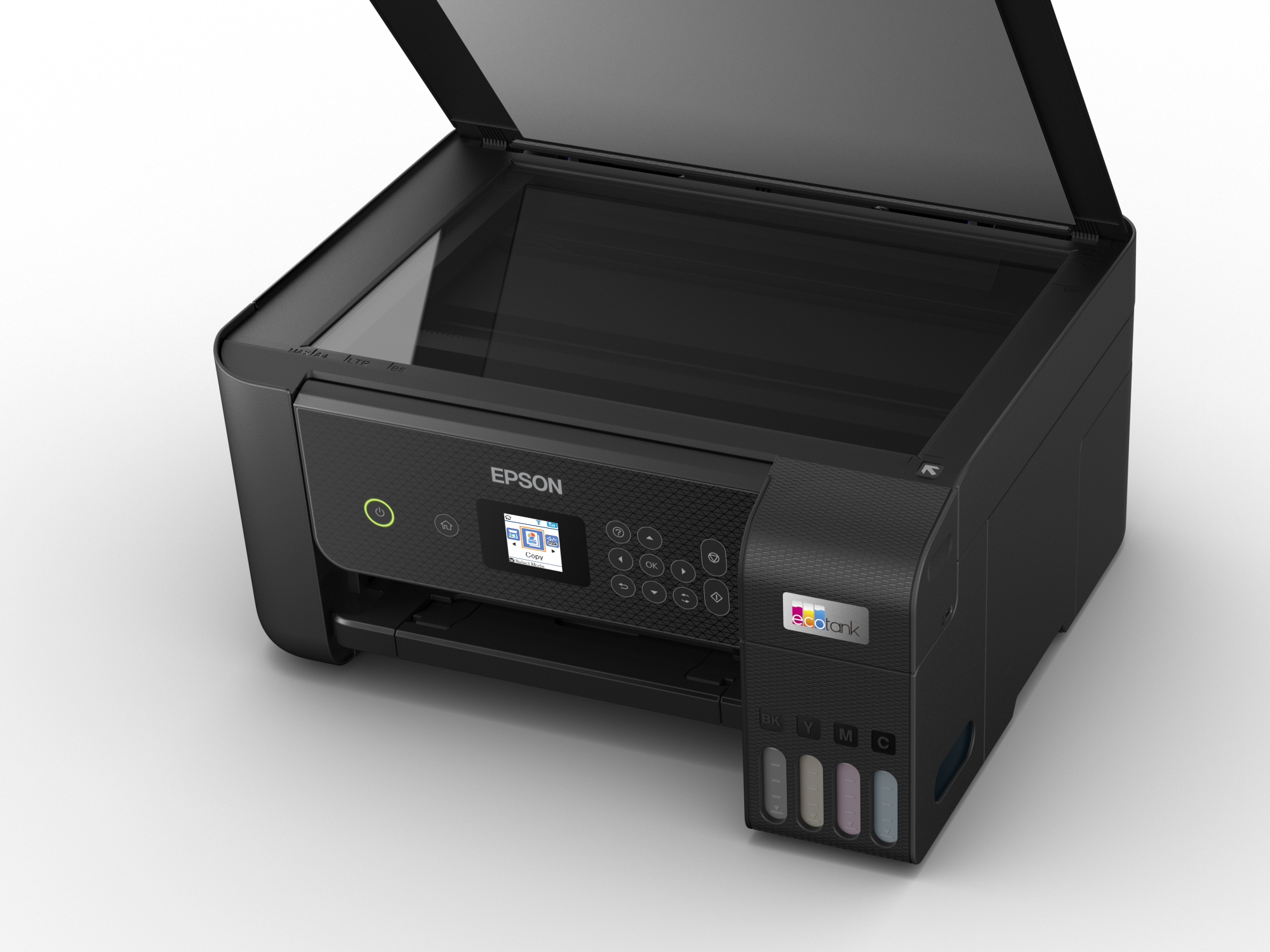 Siyah bir Epson yazıcı, tarayıcı kapağı açık. Yanında bir ekran, düğmeler ve mürekkep tankları var. Arka plan beyaz.
