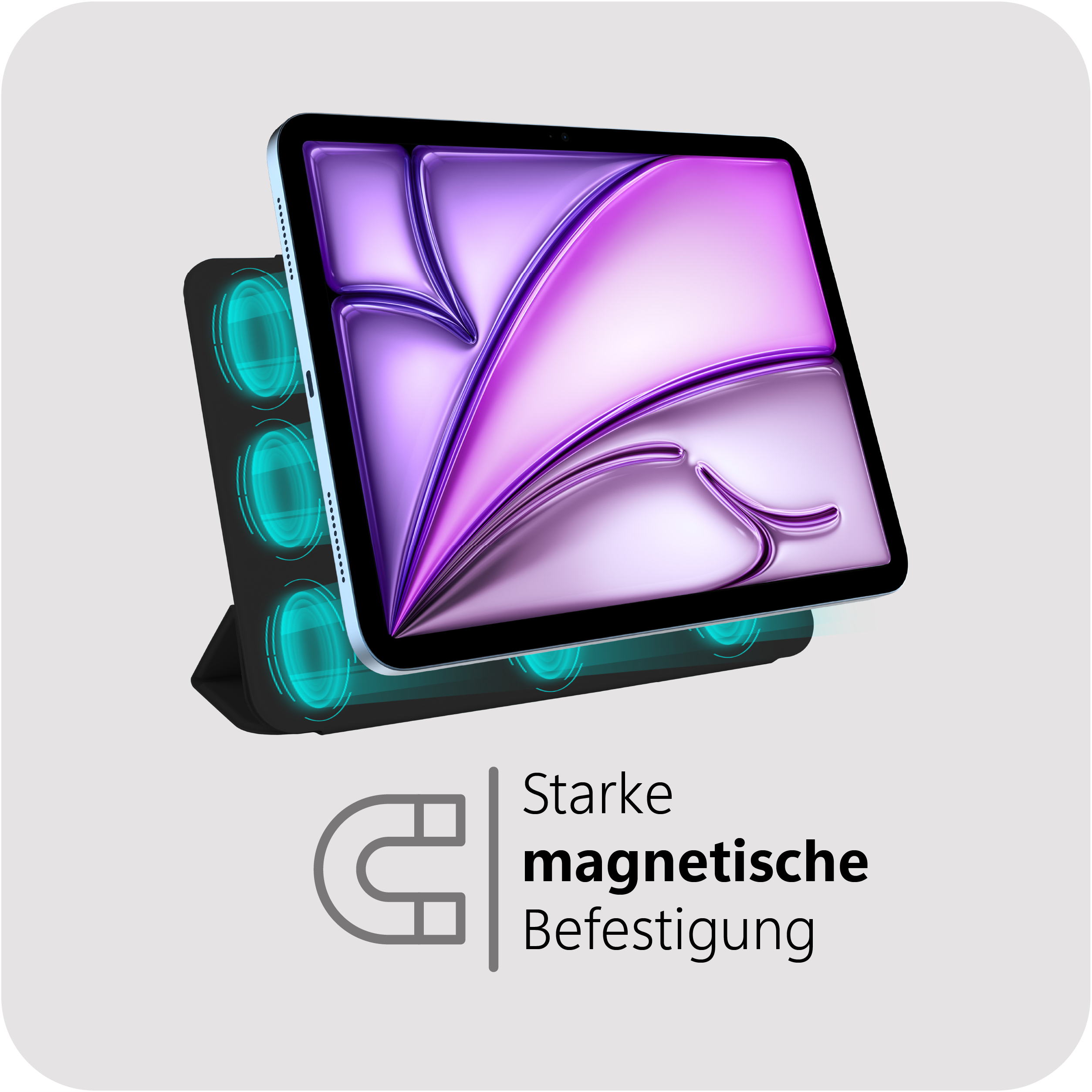 Tablet in schwarzem Ständer, lila Bildschirm. Der Ständer strahlt türkisfarbenes Licht aus. Text: 'magnetische Befestigung'.