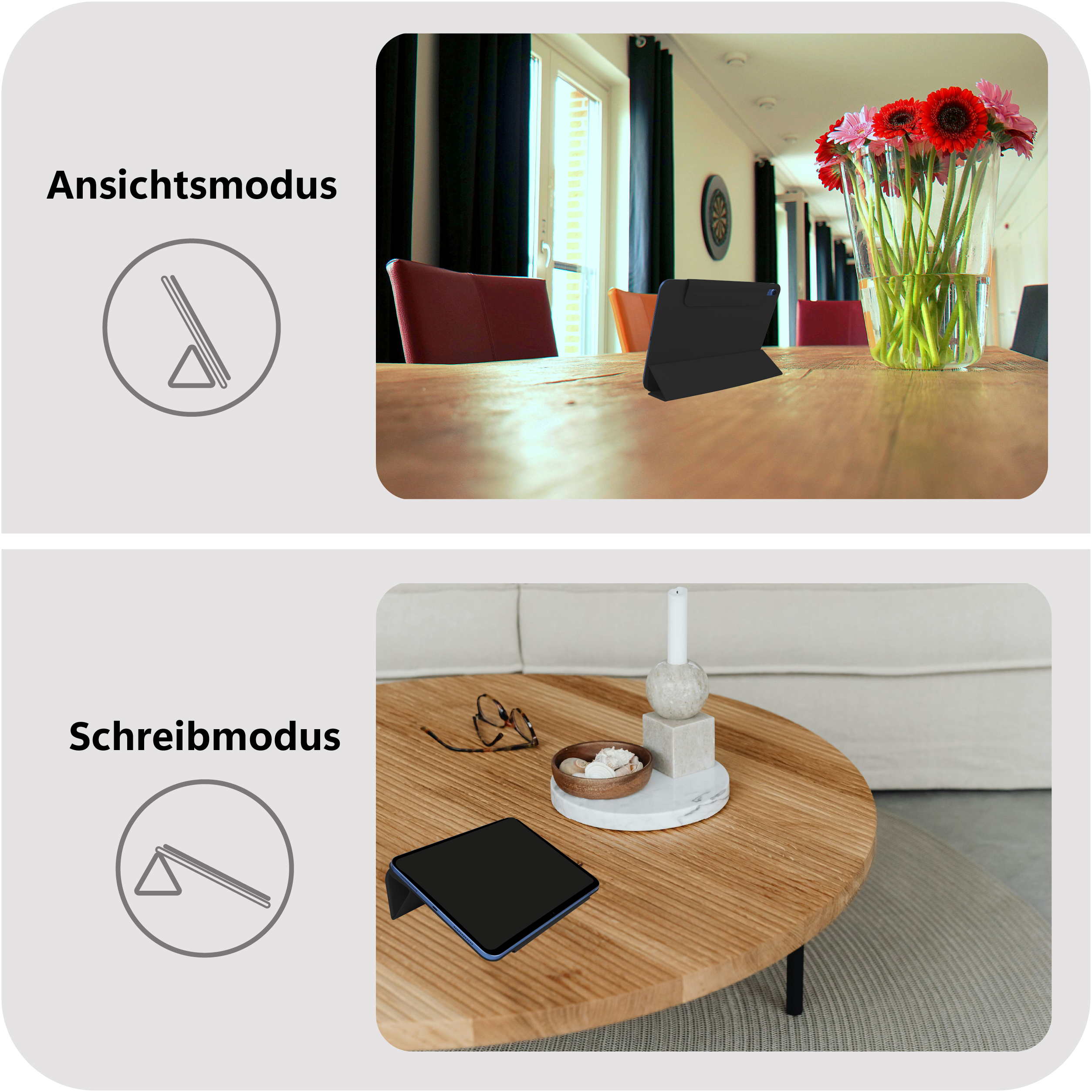 Das Bild zeigt zwei Szenarien. Oben: Tablet im Standmodus auf einem Tisch. Unten: Tablet im Schreibmodus auf einem Couchtisch.