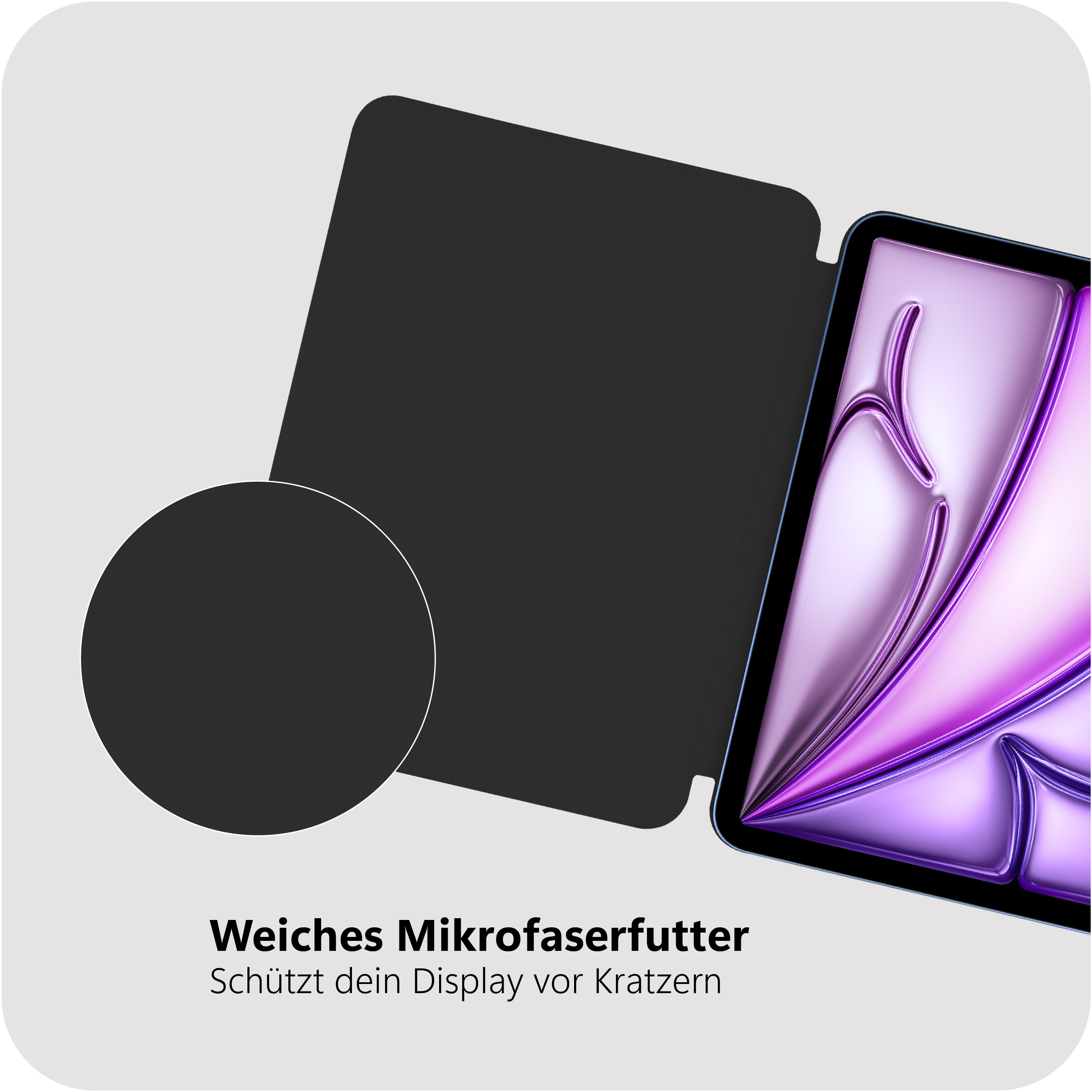 Eine iPad-Hülle ist geöffnet und zeigt einen lila Bildschirm. Ein schwarzer Kreis und eine rechteckige Form sind ebenfalls sichtbar.