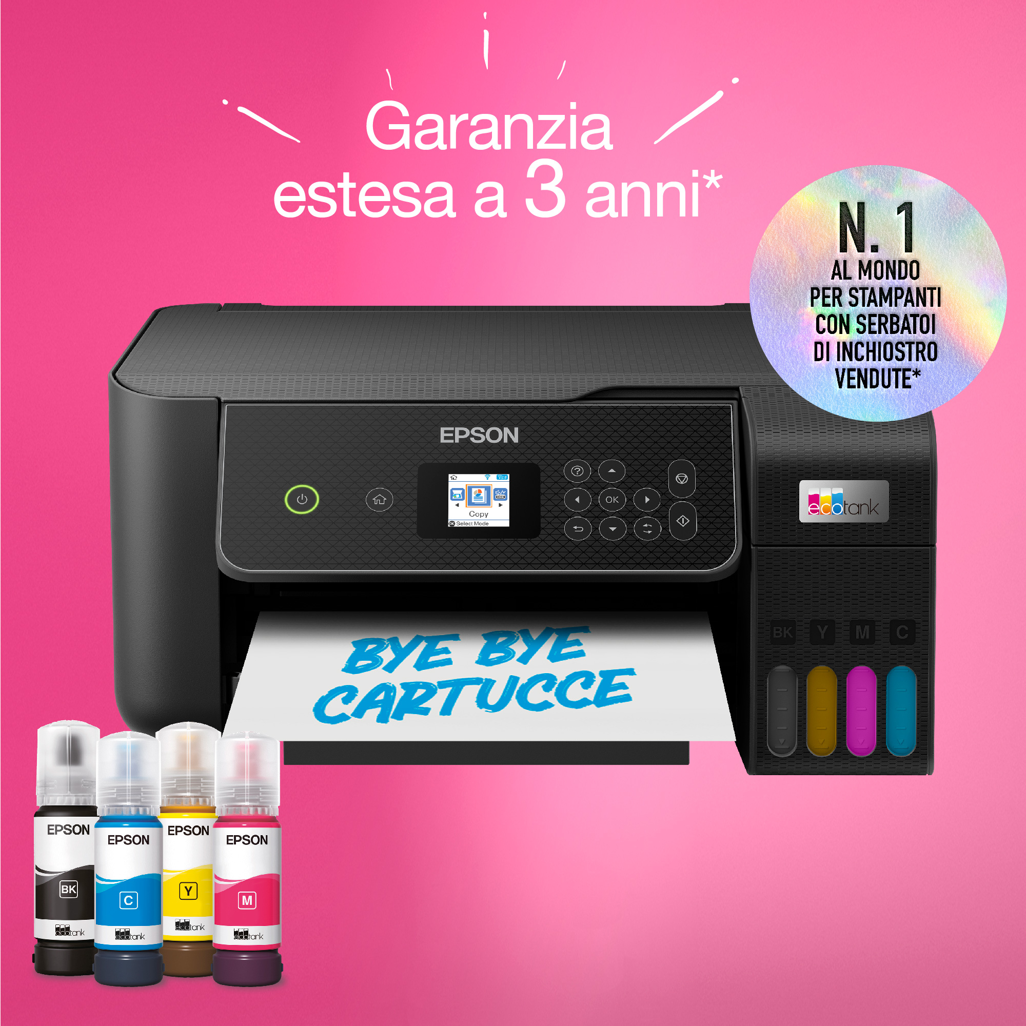 Una stampante Epson con flaconi di inchiostro. Testo: Bye Bye Cartucce, Garanzia estesa a 3 anni, N.1 per stampanti.