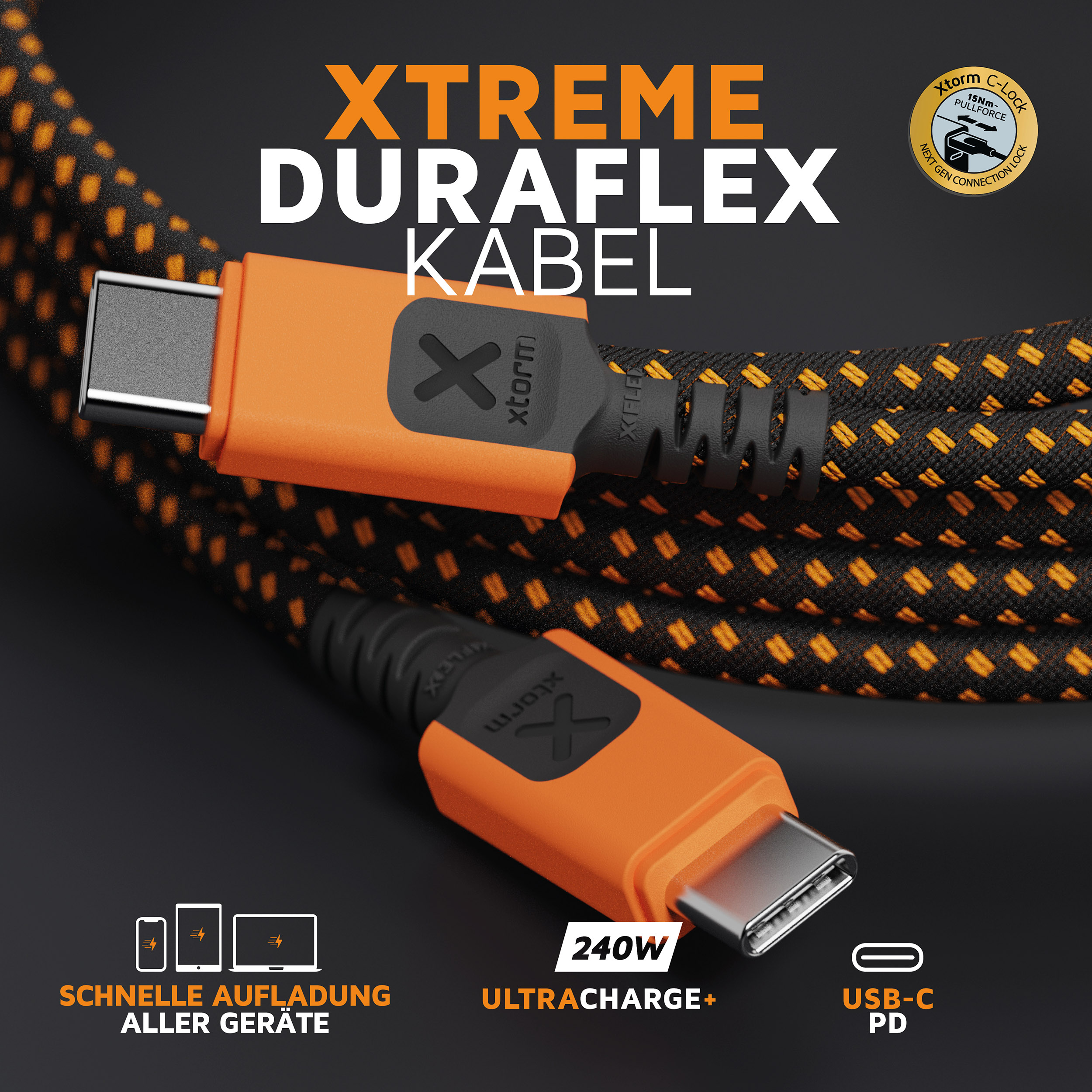 Ein orange-schwarzes USB-C-Kabel mit dem Markennamen Xtreme Duraflex Kabel. Der Hintergrund ist dunkelgrau.