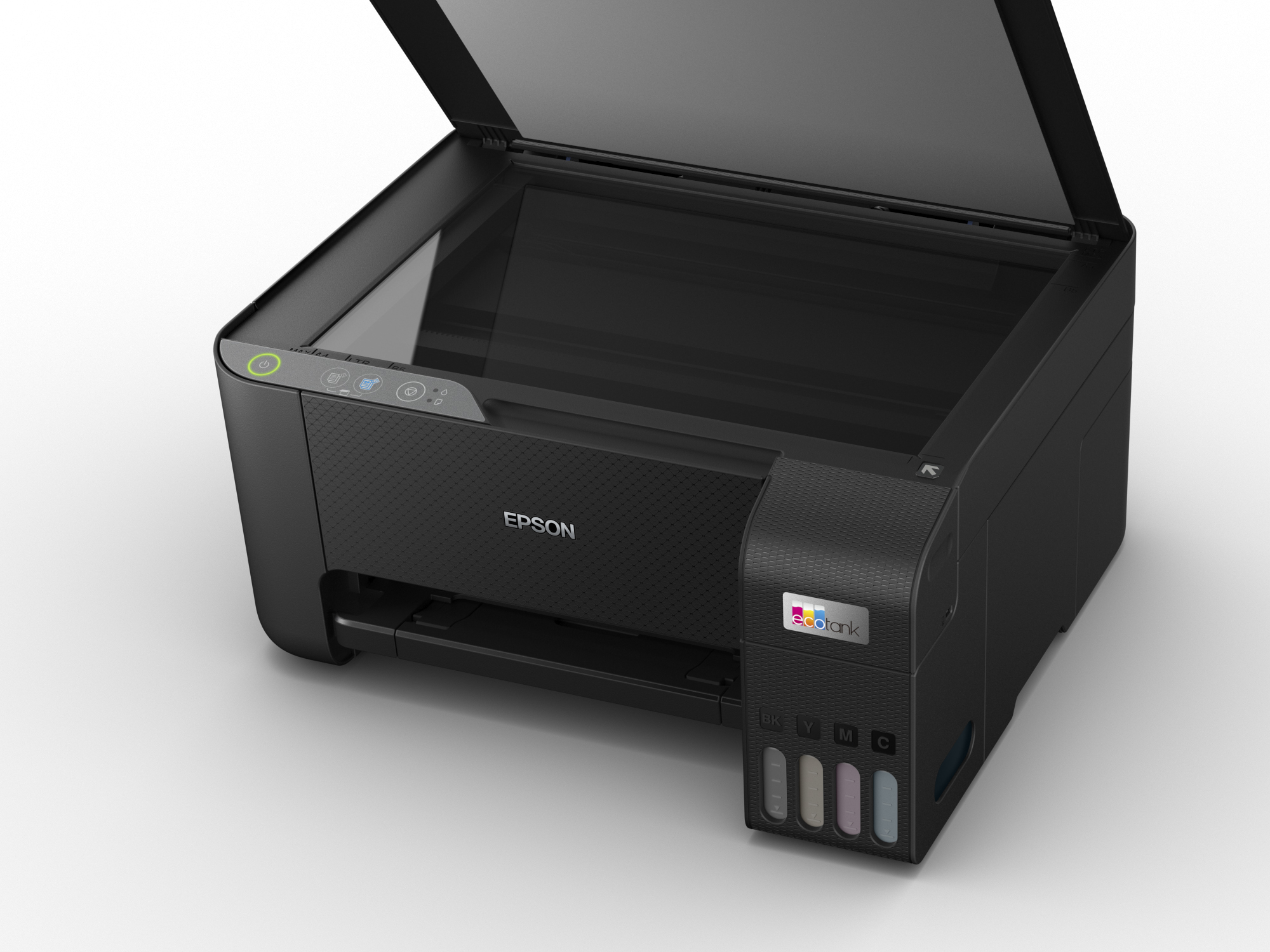 Üst kapağı açık, tarayıcıyı gösteren siyah bir Epson yazıcı. Kontrol paneli ve mürekkep tankları var.