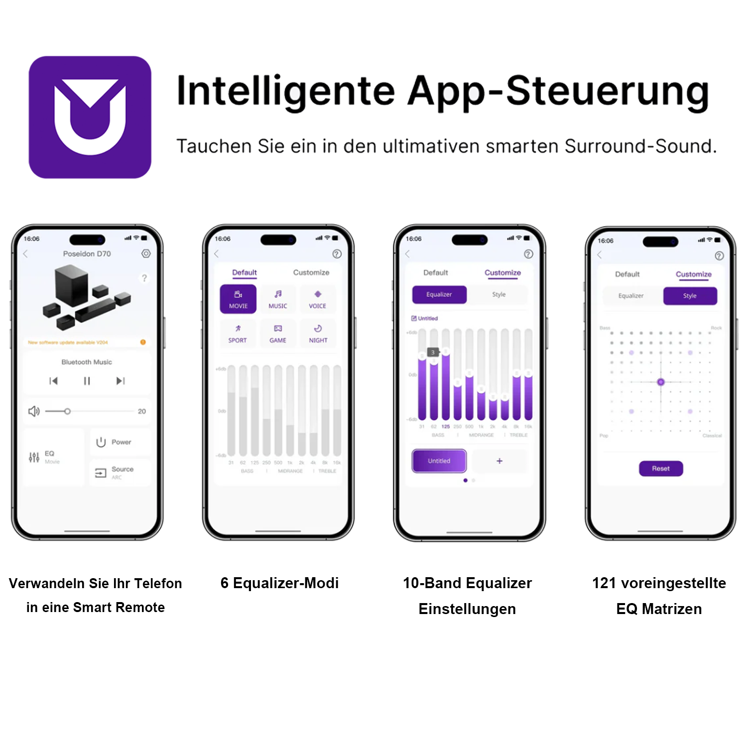 Interfejs aplikacji prezentujący kontrolki audio i ustawienia korektora. Zawiera opcje regulacji dźwięku i trybów.