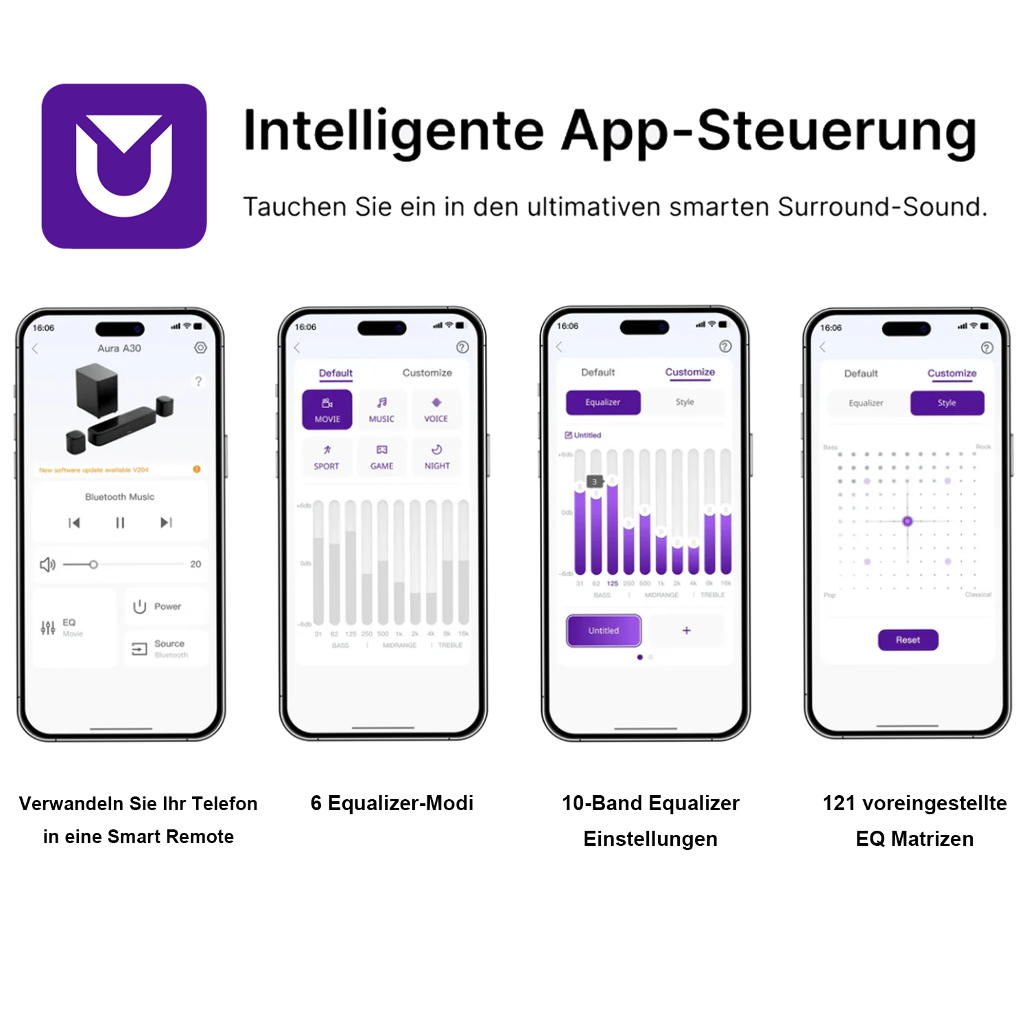 Das Bild zeigt ein lila Logo, Text und vier Telefonbildschirme mit App-Funktionen. Es zeigt Equalizer-Einstellungen und eine Smart-Remote.