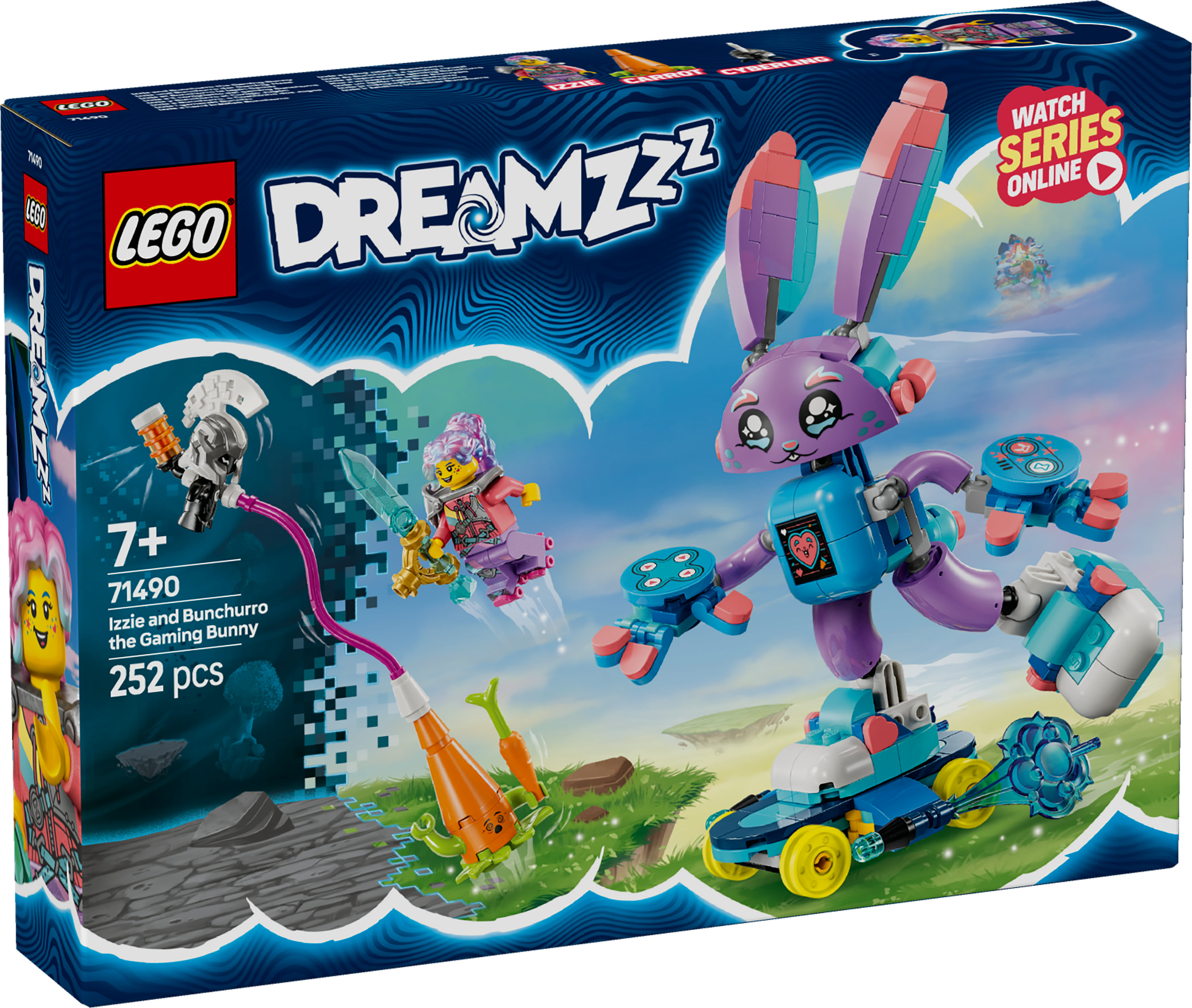 Pudełko Lego Dreamzzz z królikiem-robotem, minifigurkami i pojazdem w kształcie marchewki na niebieskim tle.