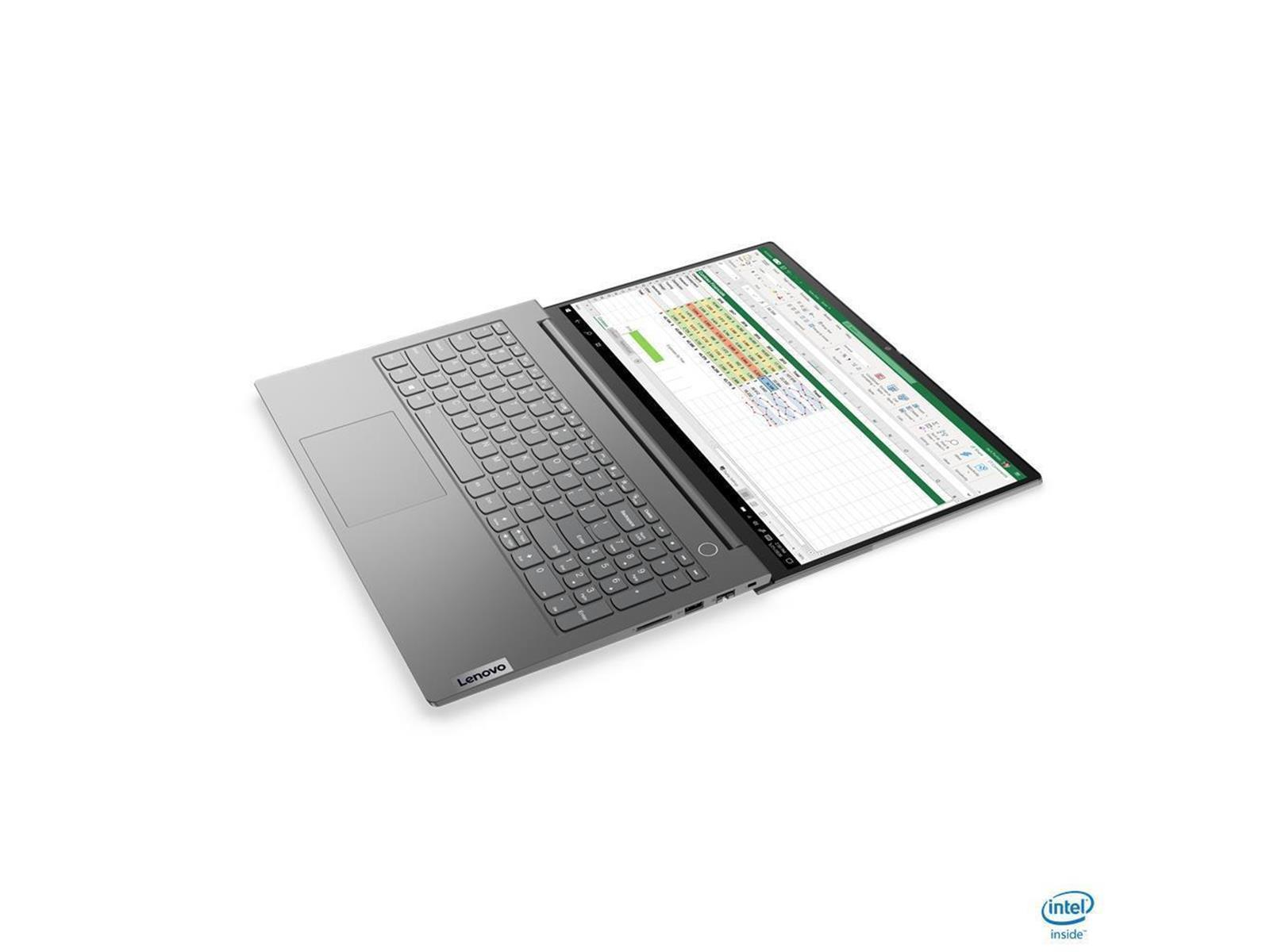 Ein grauer Lenovo-Laptop ist geöffnet und zeigt eine Tabelle an. Die Tastatur ist sichtbar. Der Hintergrund ist rein weiß.