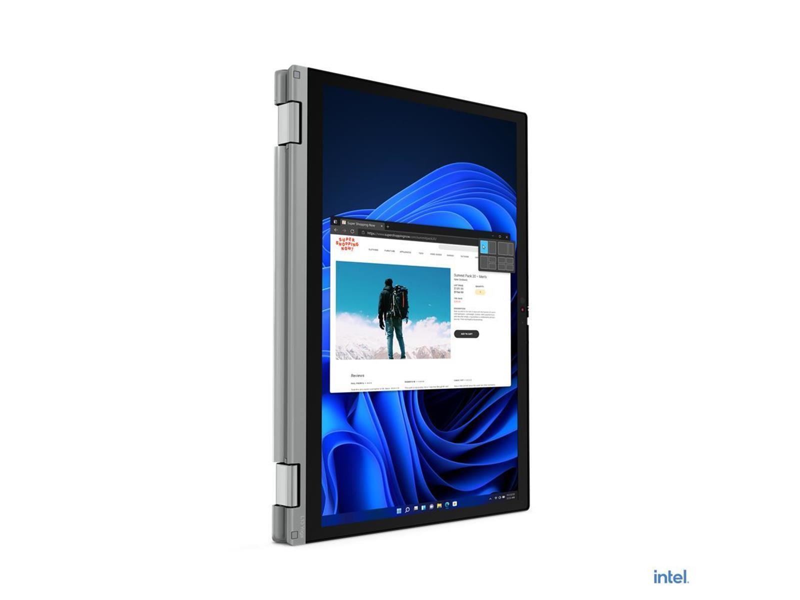 Laptop-Bildschirm zeigt eine Website mit einer wandernden Person. Der Laptop ist silber und schwarz mit blauem Hintergrund.
