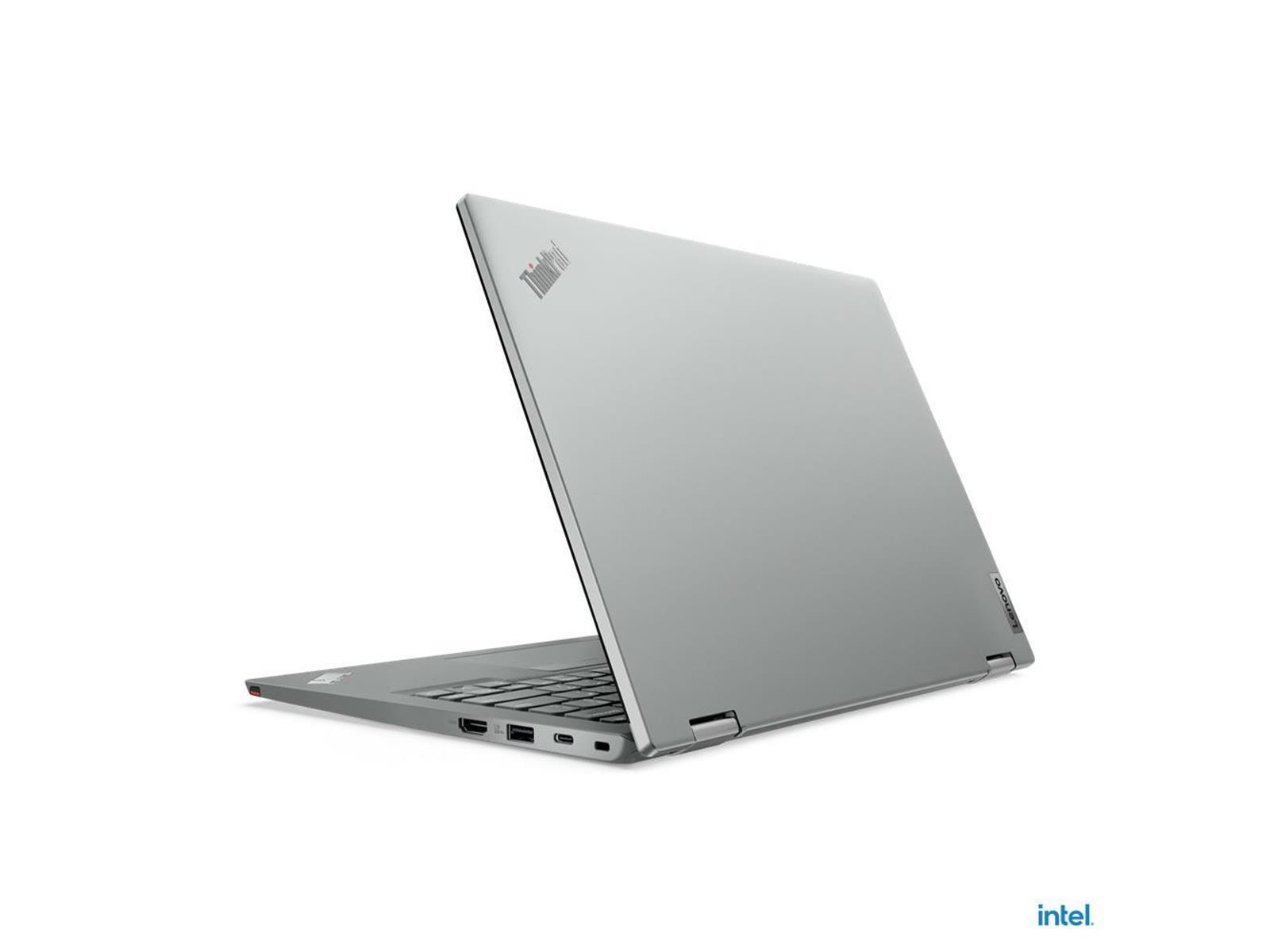 Ein grauer Lenovo ThinkPad-Laptop ist geöffnet. Der Bildschirm zeigt nach oben und hat das ThinkPad-Logo. Die Tastatur ist sichtbar.