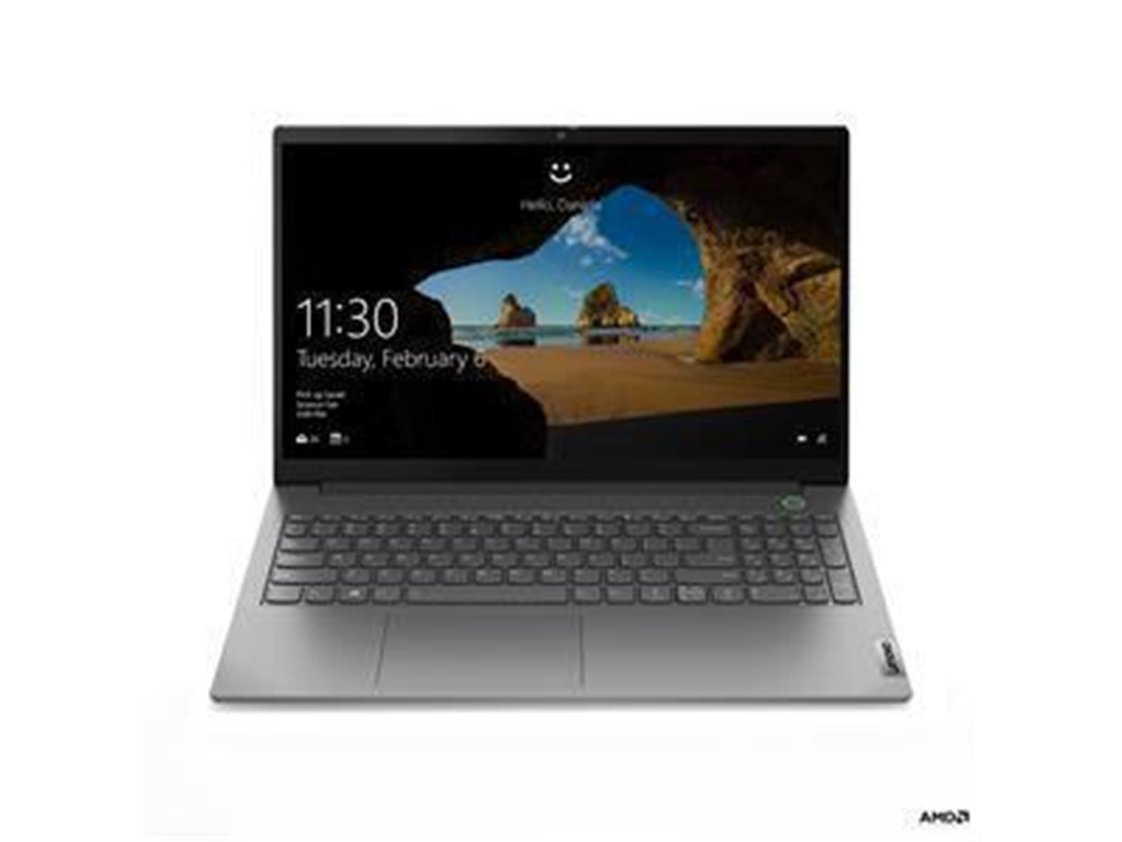 Ein silberner Laptop ist geöffnet und zeigt ein Landschaftsbild. Die Uhrzeit 11:30 und das Datum werden angezeigt. Die Tastatur ist sichtbar.
