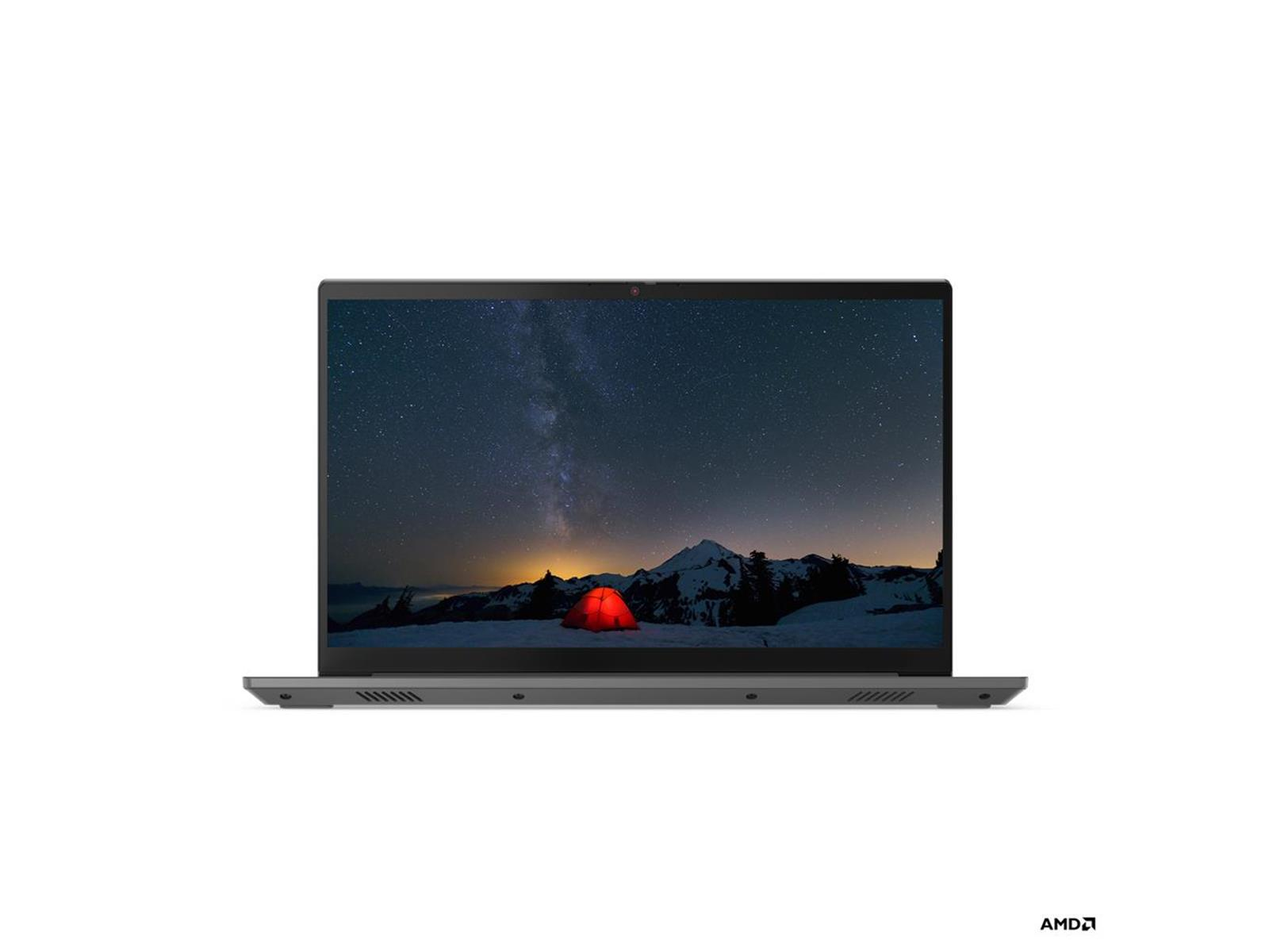 Ein Laptop zeigt einen Nachthimmel mit einem roten Zelt auf einem schneebedeckten Berg. Der Laptop steht auf weißem Hintergrund.