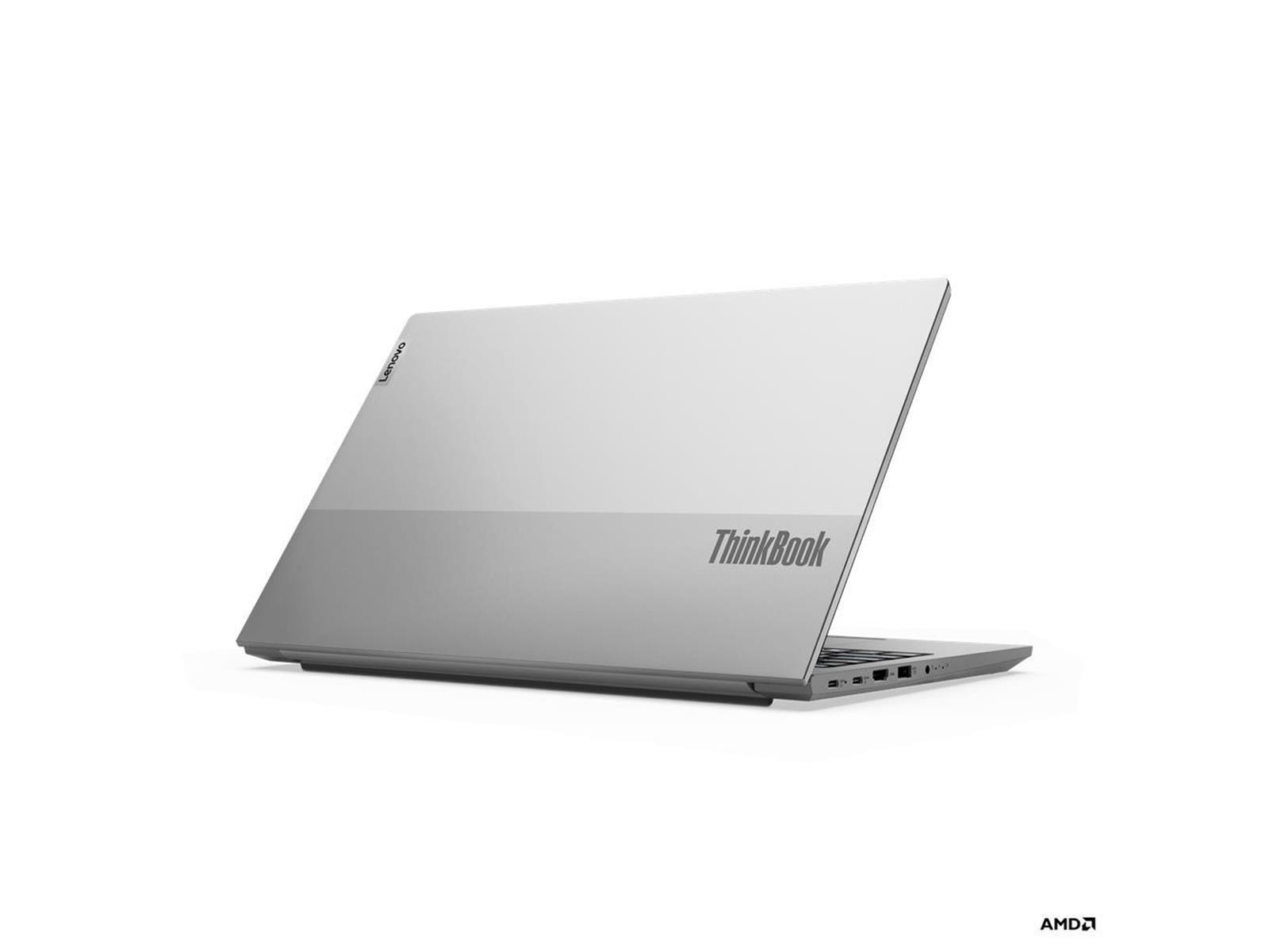 Ein silbernes Lenovo ThinkBook-Laptop ist leicht geöffnet, vor weißem Hintergrund. Das AMD-Logo ist rechts unten.