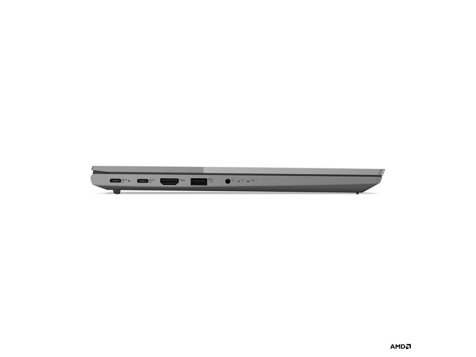 Seitenansicht eines grauen Laptops. Anschlüsse sichtbar: USB-C, HDMI und Audioanschluss. AMD-Logo unten rechts.
