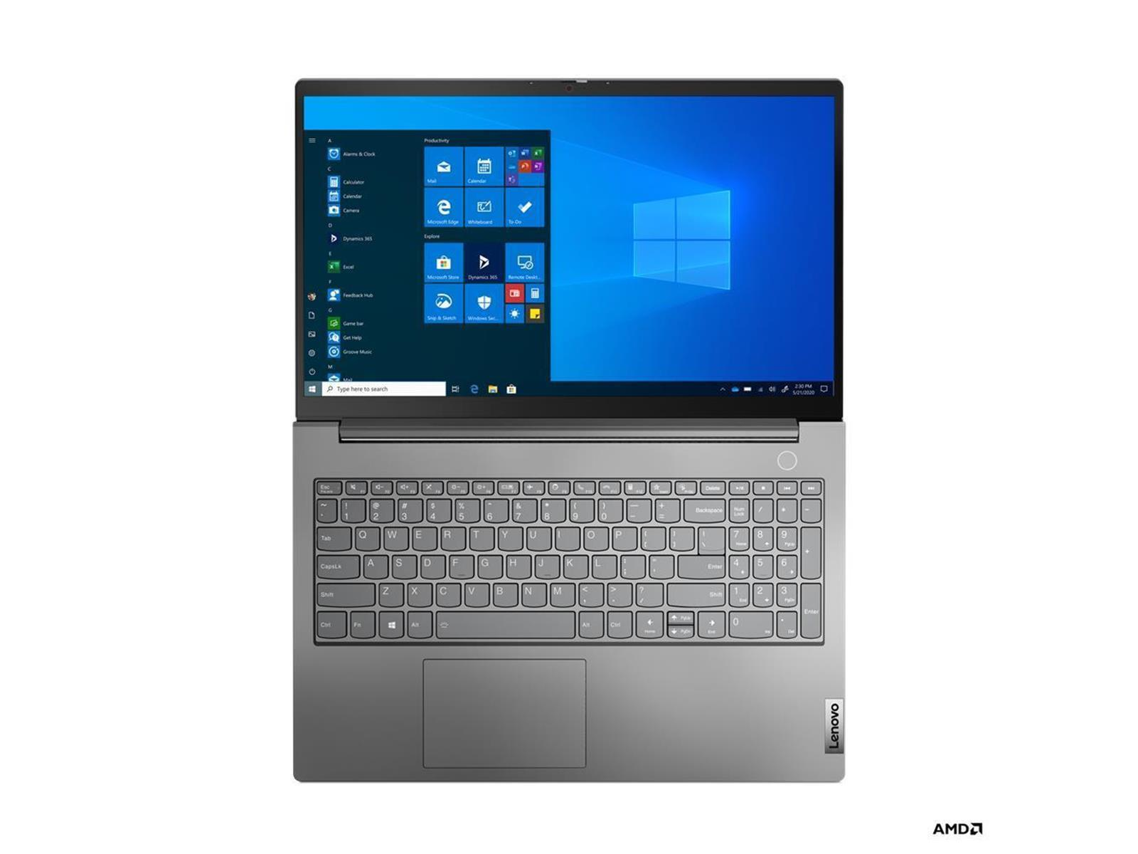 Ein graues Lenovo-Laptop ist geöffnet und zeigt die Windows 10-Oberfläche. Die Tastatur ist sichtbar, das AMD-Logo unten rechts.