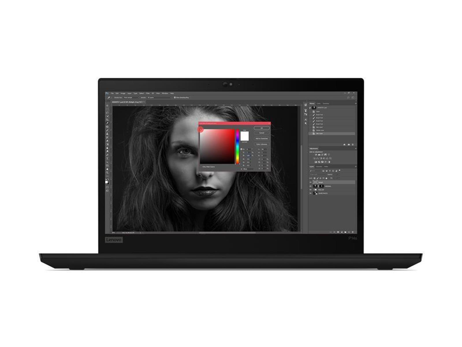 Ein schwarzer Lenovo-Laptop zeigt ein Graustufen-Porträt und ein Farbfenster, wahrscheinlich für die Fotobearbeitung.