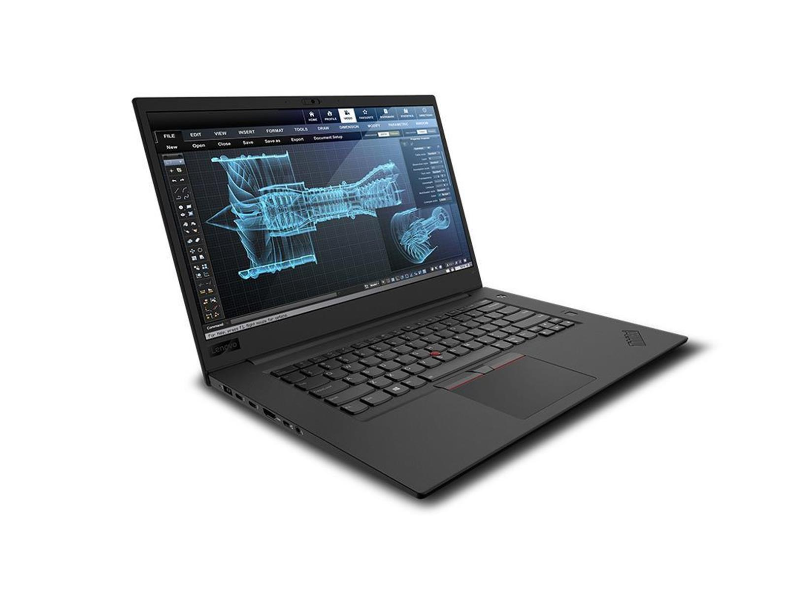 Schwarzer Lenovo-Laptop mit blauem Bauplan eines Motors. Die Tastatur ist sichtbar, und der Bildschirm ist geöffnet.