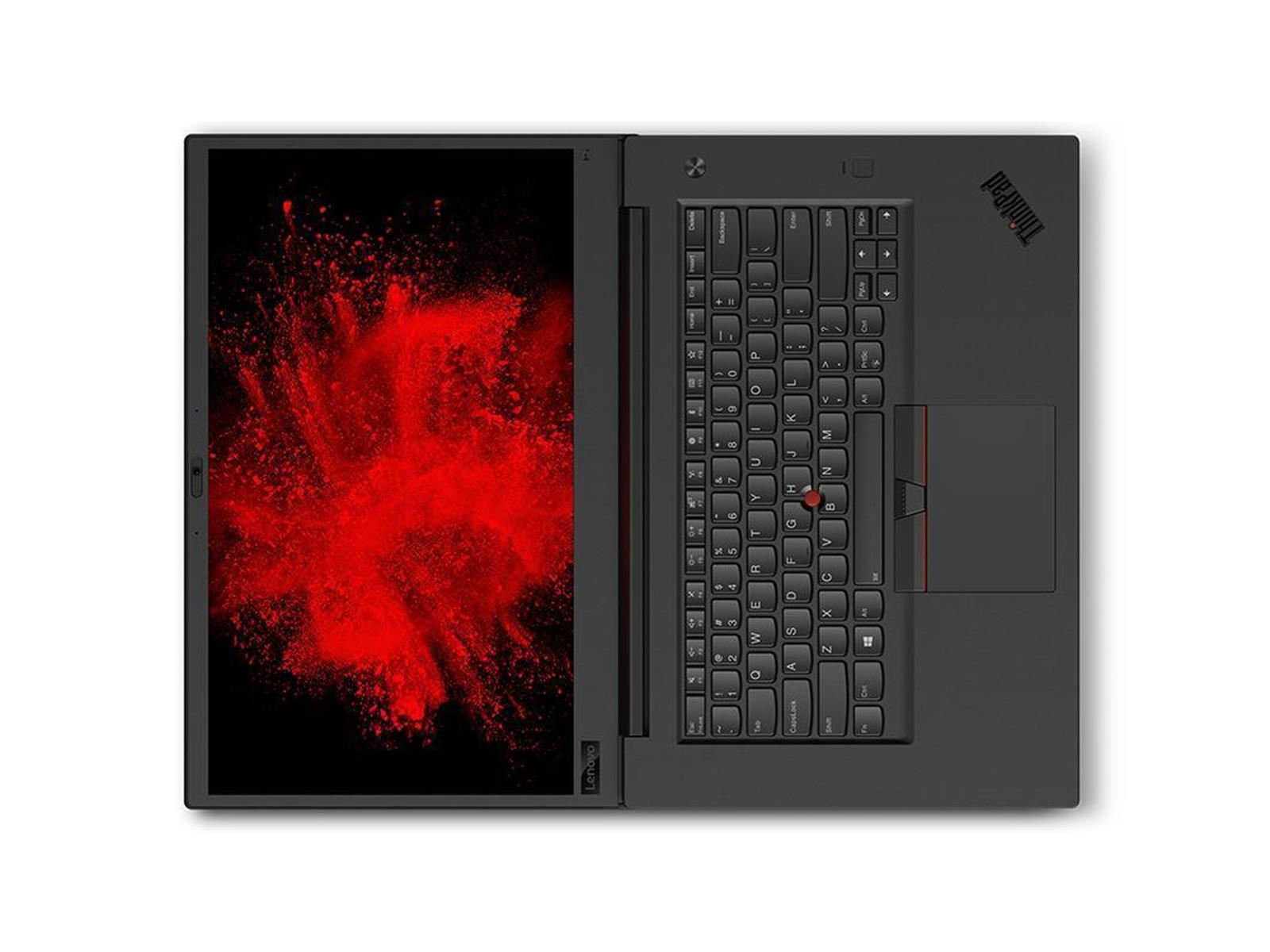 Draufsicht auf einen schwarzen Lenovo ThinkPad Laptop mit roter Explosionsgrafik auf dem Bildschirm und der Tastatur.